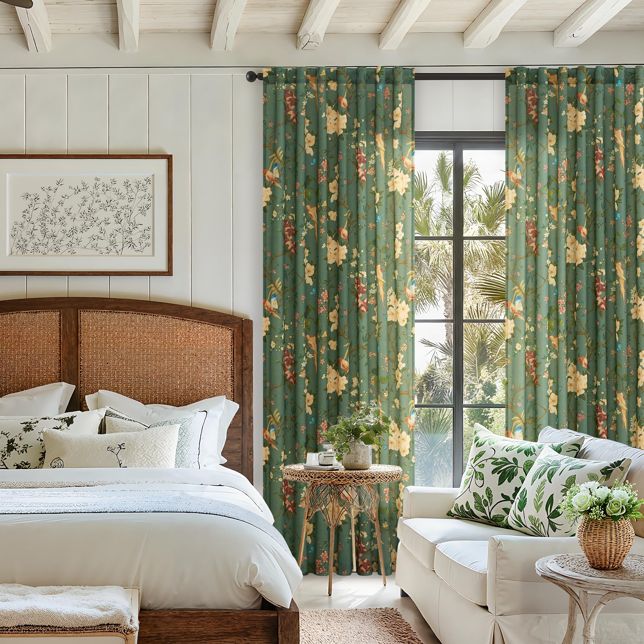 Olive Green Linen Floral Bird Curtains Semi Sheer Drapes 102 Inch 2 Panels | Back Tab,Printed Leaf Patterned,Botanical,for Bedroom Dining Room Living Room,Vintage,Light Filtering,Country,Summer,Boho