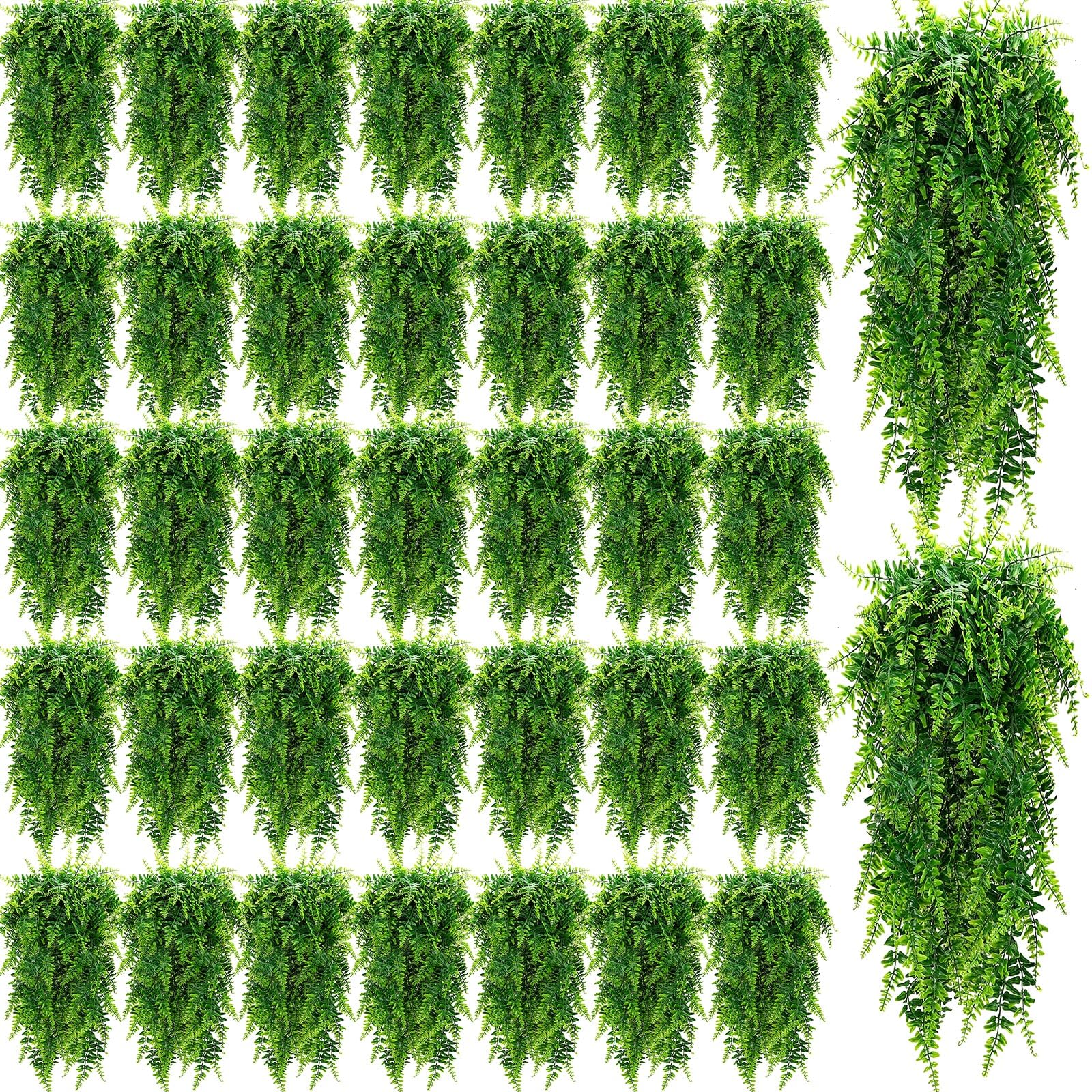 Geosar Artificial Hanging Plants 32 Inch Hanging Boston Ferns Plastic Fake Plants for Wall Room Garden Wedding Garland Indoor Outdoor Decoration, No Basket(36 Pcs)