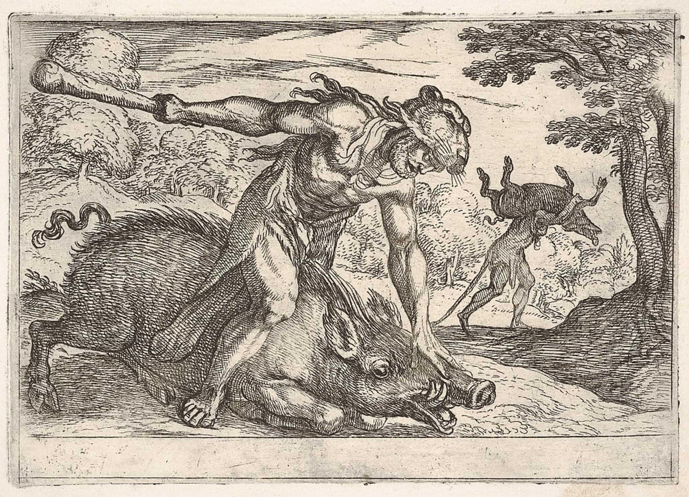 SERENDIPITP Abstract Painting Mural Print Picture Wall Decor Painting Hercules Holds Down the Boars Snout with His Left by Antonio Tempesta Vintage Wall Artwork for Home Decor 60x90cm