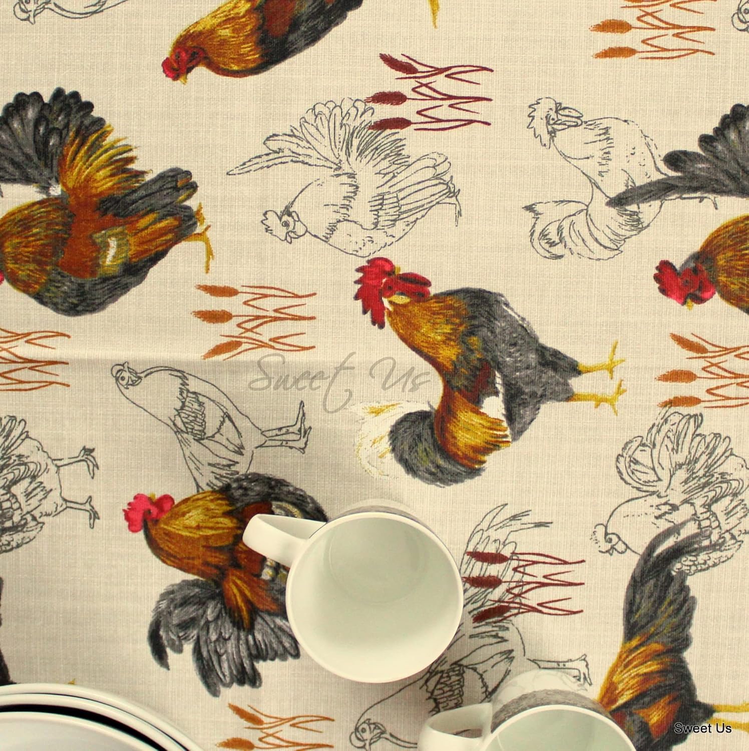 Sweet Us Elysée Rooster Wipeable Tablecloth Spill Resistant Acrylic Coated, Floral Cotton French Provencal Tablecloth for Rectangle Tables, Table Cover for Indoor and Outdoors, Ecru, 60 x 78 in