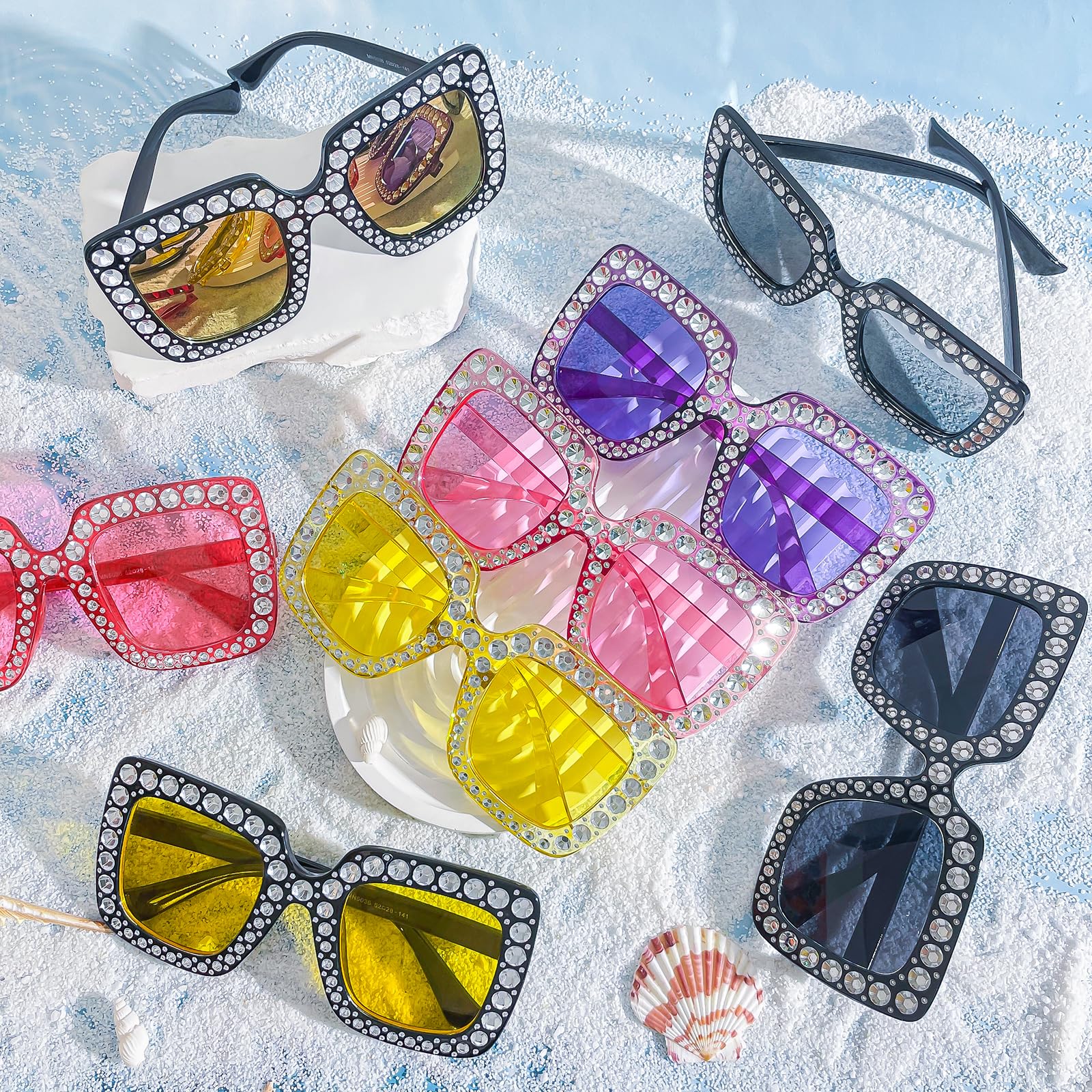 Paquete de 10 lentes de sol cuadrados de gran tamaño con purpurina de diamante, retro, marco grueso, lentes de sol brillantes, recuerdos de fiesta