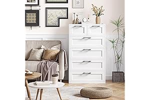 White Bedroom Dresser Tall, 6 Drawers, Trapezoidal Design