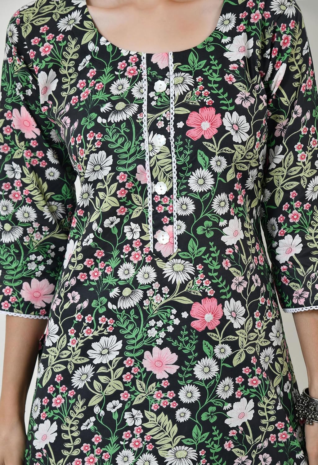 Pure Cotton Floral Print Kurti for Women, Round Neck Tunic Design, Short Kurta for Jeans - Image 2