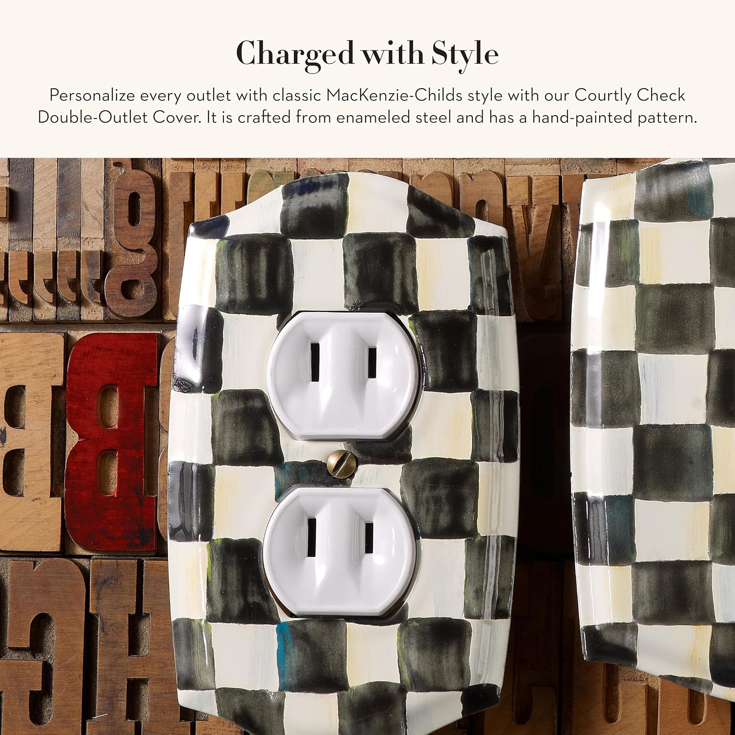MACKENZIE-CHILDS Outlet Cover, Decorative Double-Outlet Cover Plate, Black-and-White Courtly Check