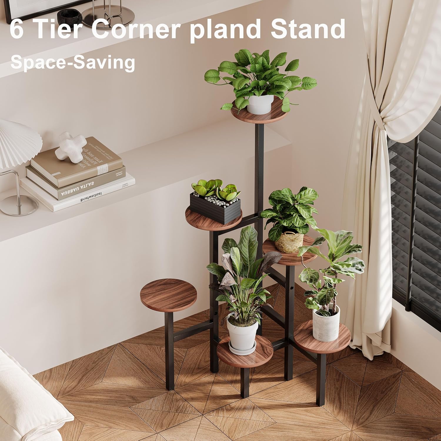 6 Tier Corner Plant Stand Indoor Outdoor, Tall Large Plant Shelf for Multiple Plants, Tiered Flower Pot Holder, Metal Display Plant Shelves for Living Room, Balcony, Patio, Garden(Walnut Brown)GPS514DB