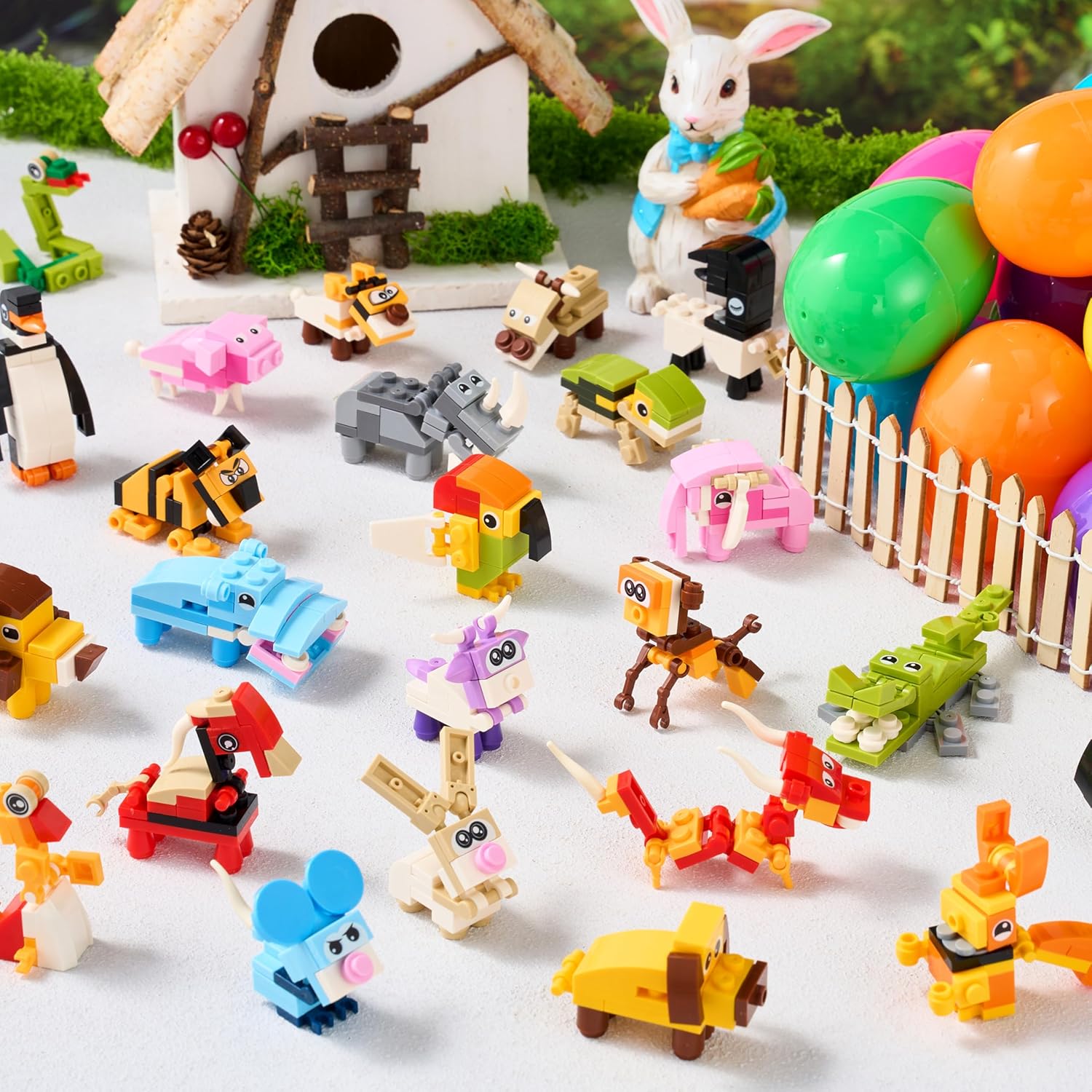JOYIN 24 Packs Prefilled Easter Eggs with Toys, Cute Animals Building Blocks 3.23" for Basket Stuffers, Kids Party Favors, Egg Hunt, Classroom Events