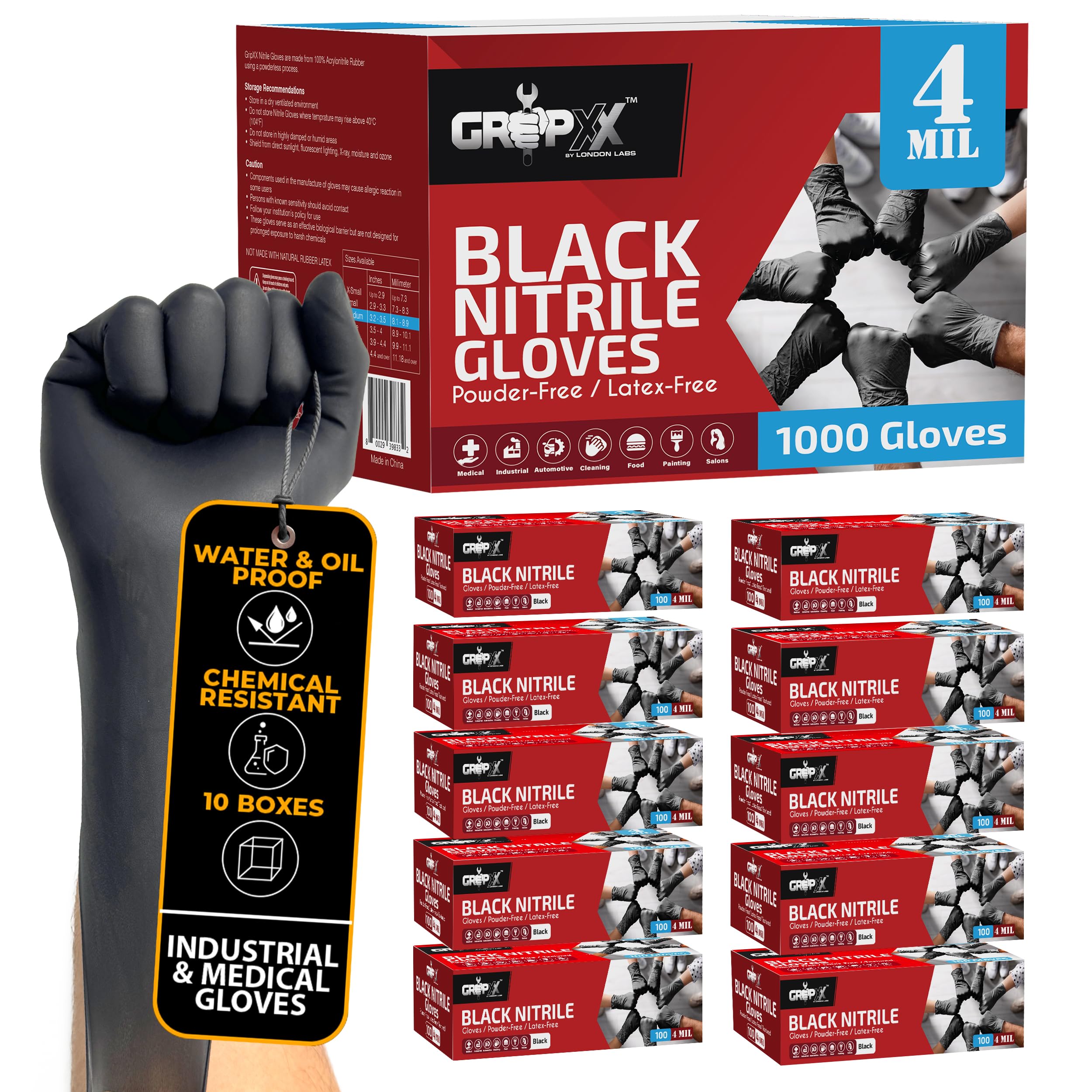 London Labs Disposable Industrial Black Nitrile Gloves, 4.2 Mil Thick, Latex-Free, Powder-Free, (Case of 1000) (Medium)