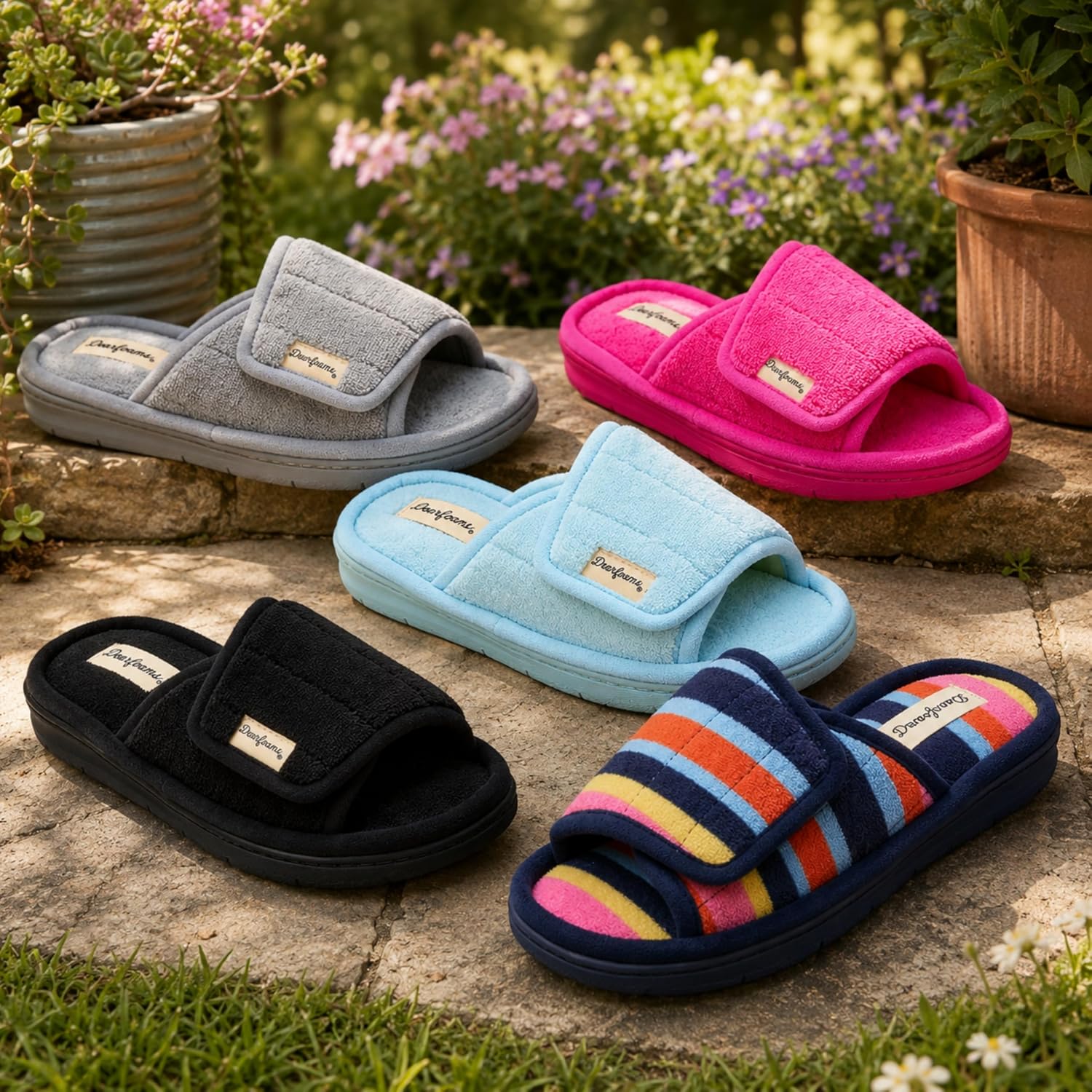 Dearfoams womens Adjustable Indoor/Outdoor Machine Washable Memory Foam Slide