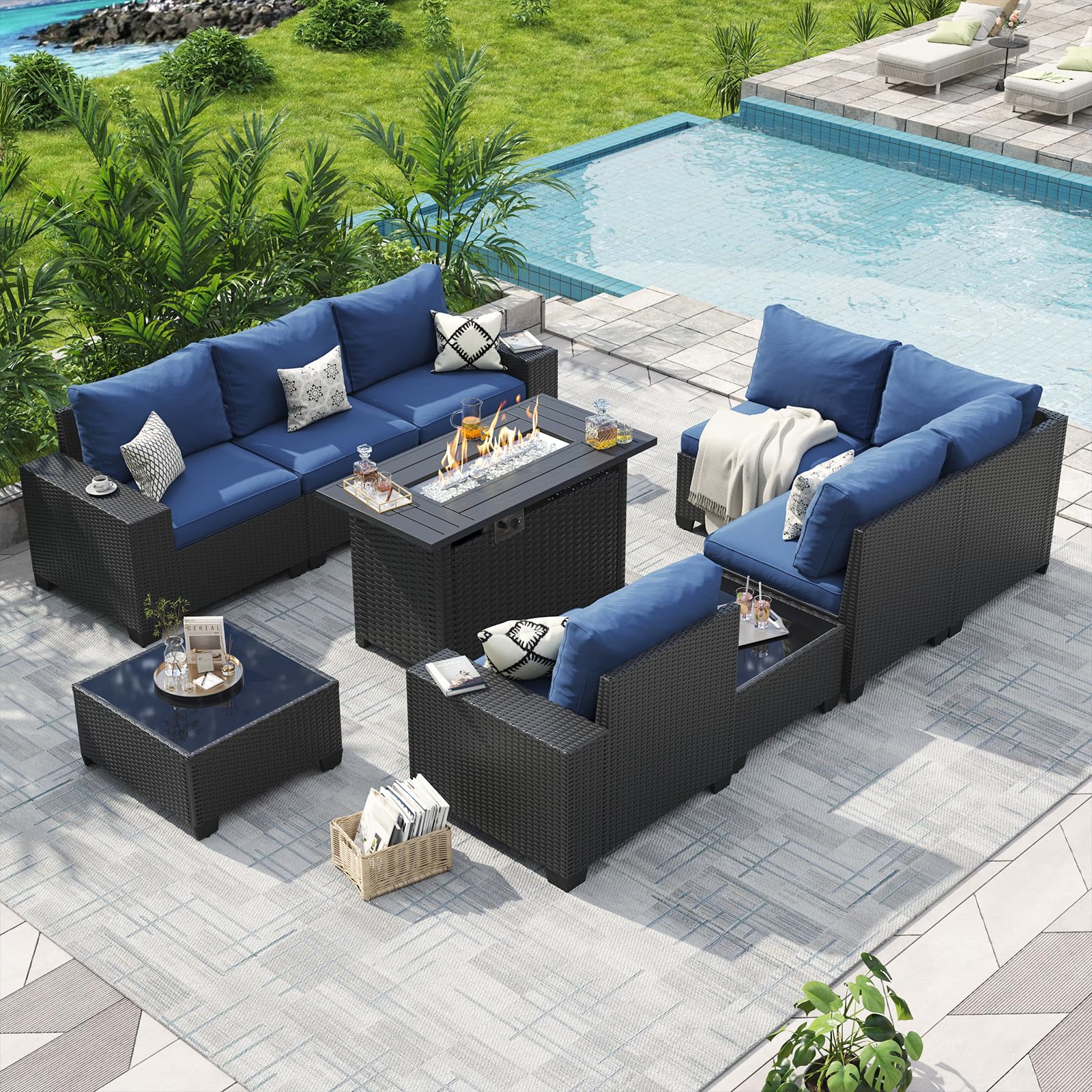 Aoxun Patio Furniture Sets with 44'' Fire Pit, 10 Pcs Outdoor Patio Coversation Sets with 4'' Thicken Cushion, Widen Armrests Wicker Outdoor Sectional