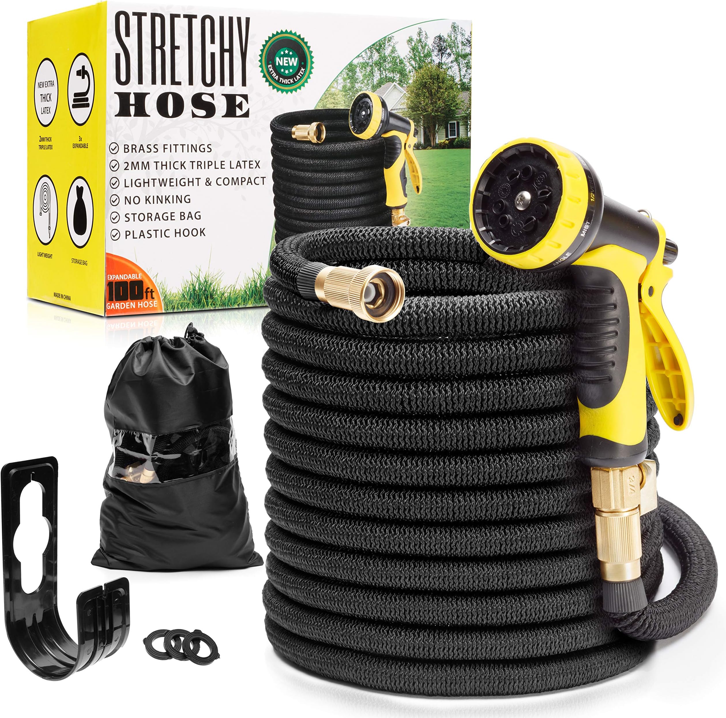 Flexible Garden Hose 100ft | Superior Lightweight Shrinking Hose | Never Kink Expandable Hose 100 ft | Black Leak Proof Retractable Hose 100 ft | Solid 3/4" Brass Connectors | 10 Function Hose Sprayer