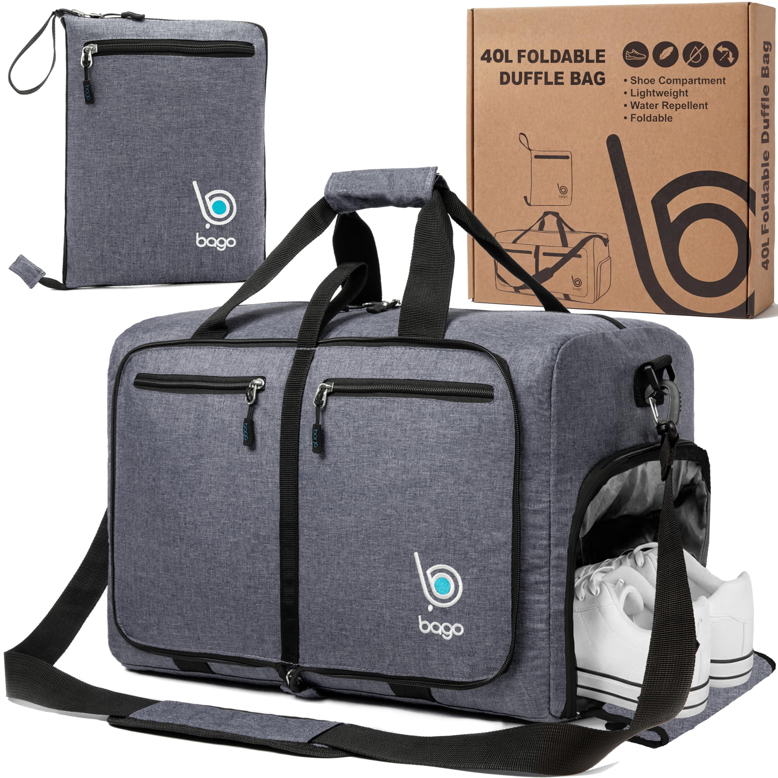 Bago Foldable Duffel Bags for Traveling Women & Men - 40L Sports Packable Duffle Bag for Travel with Shoe Compartment - Water Repellant, Heavy Duty,