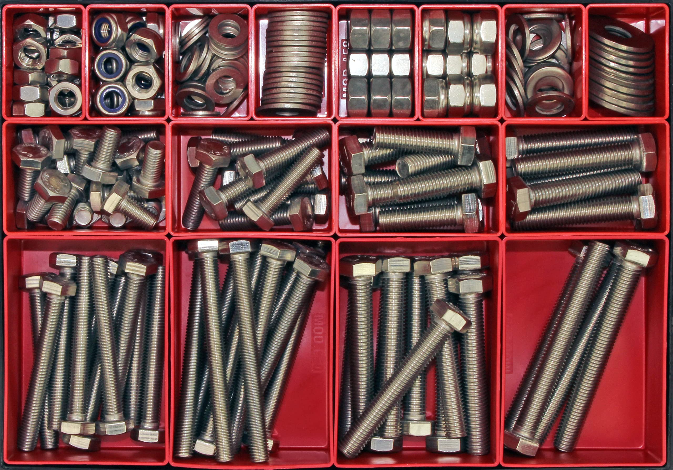Großes Schrauben-Sortiment DIN 933 M10/M12 Edelstahl A2 V2A (DIN933+934+985+125+9021) 240-tlg (Deluxe-Box)