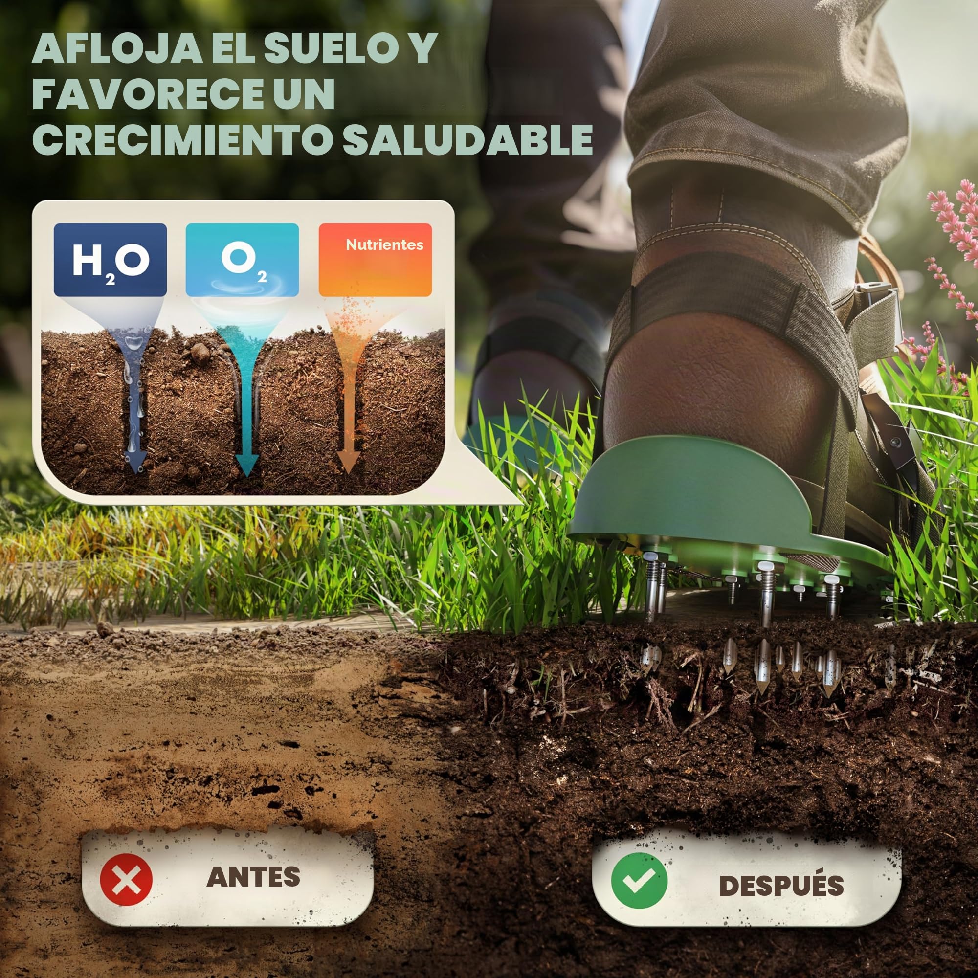 LAINFELD Aireador de césped, zapatos con clavos cortos y largos, aireador de césped con 4 correas, escarificador para césped, zapatos de jardín aerificados.