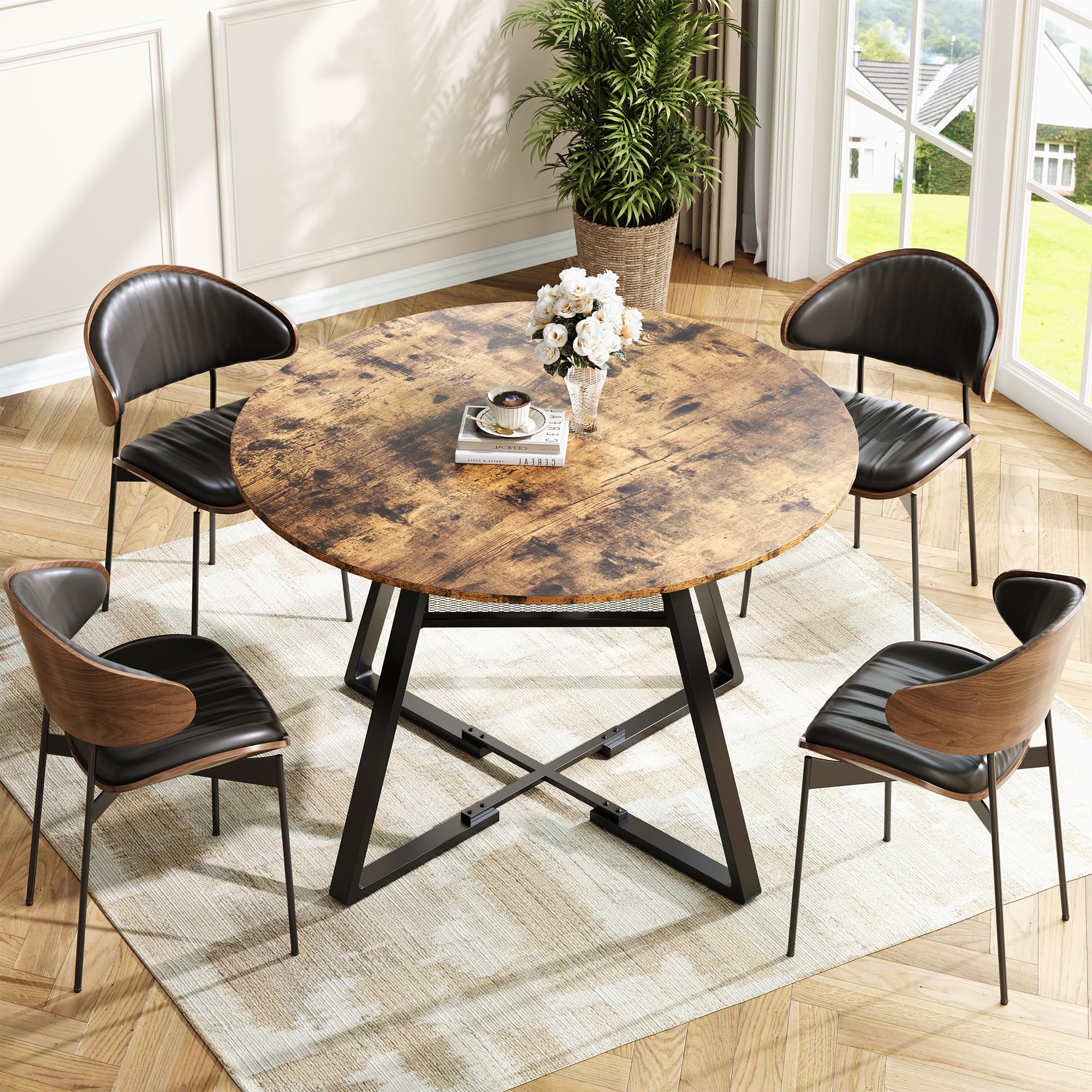 Table à manger ronde en bois pour 4 à 6 personnes, 120 cm, avec 1 étagère ouverte pour salle à manger, cuisine, salon, foncé + kaki (120 × 75 m)