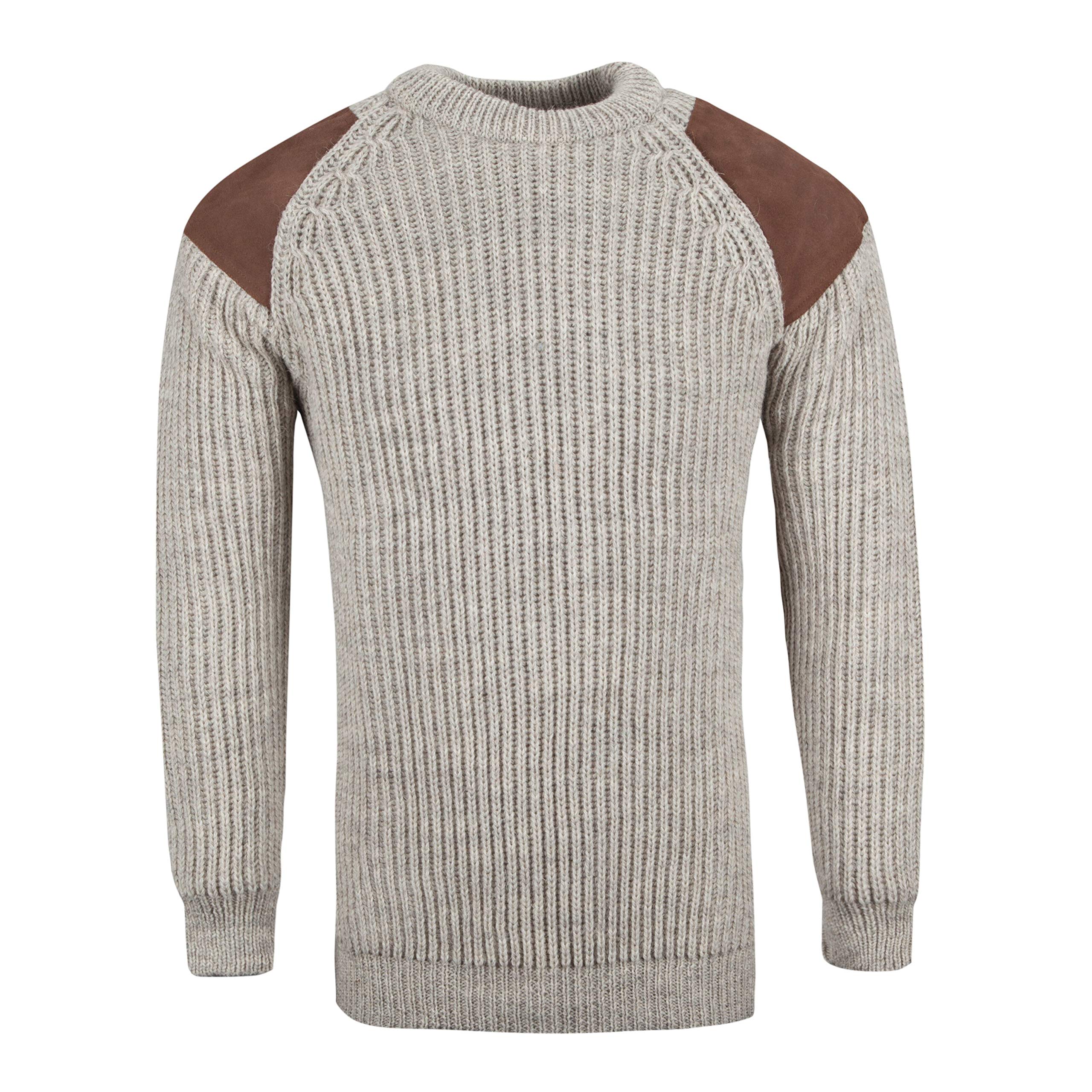 British Wool Grey Pure Countryman Patch Crew Neck Arran Jumper - Made In Uk (Light Large)