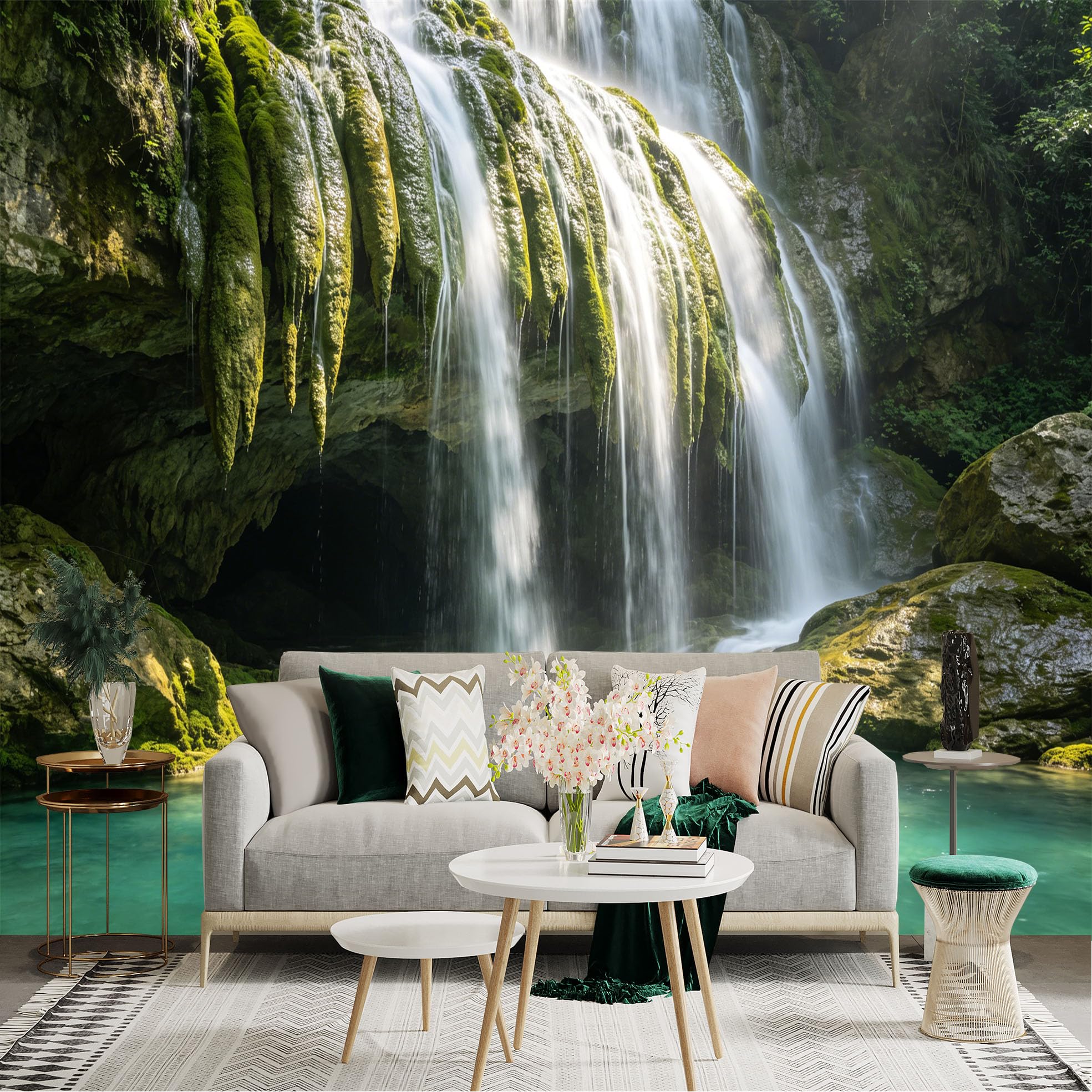 Lnzczhyre Dbh260521226 Custom Size Wall Sticker Mural， Cascading Forest Waterfall， Mossy Rocks， Tropical Nature Scenery， Serene Blue Water Pool， For Wall Decoration， Peelandstick Wall Decals.