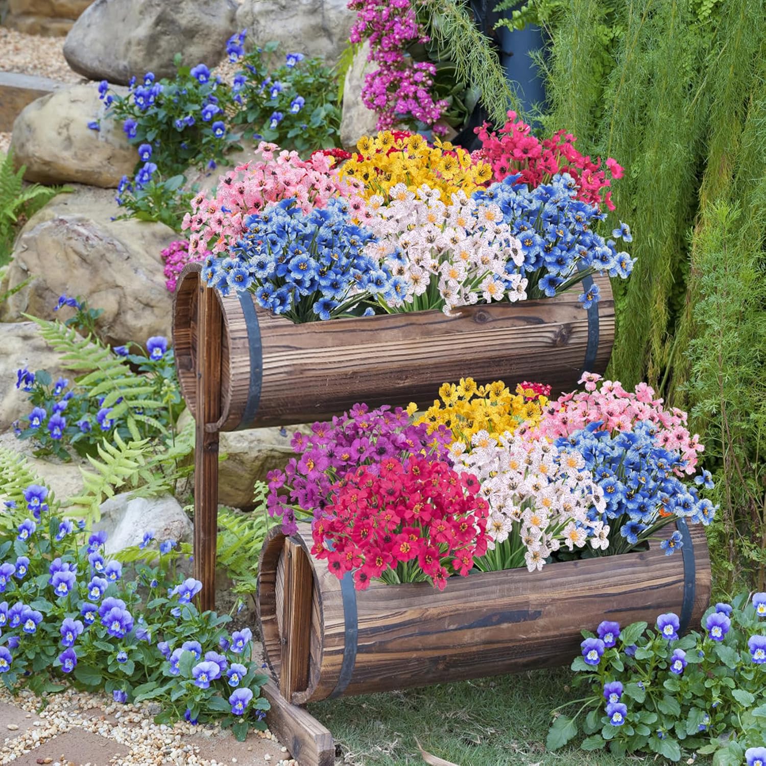 Bassion 24 Bundles Artificial Flowers for Outdoors Decoration, UV Resistant Mixed Color Silk Fake Faux Flowers Artificial Plants for Hanging Basket Outside Window Box Porch Garden Home Decor - Image 6