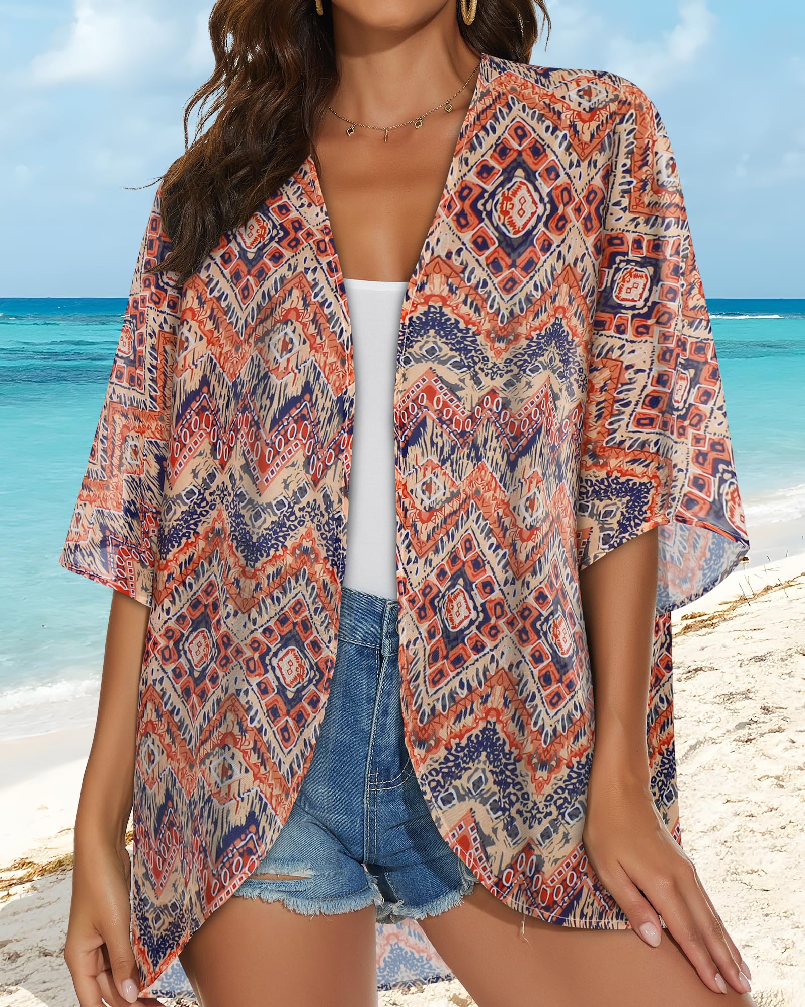 ADOREJOY Women's Tops Summer Kimono Cardigan Floral Print Puff Sleeve Swimsuit Cover Up Casual Loose Fit Blouse — view 4