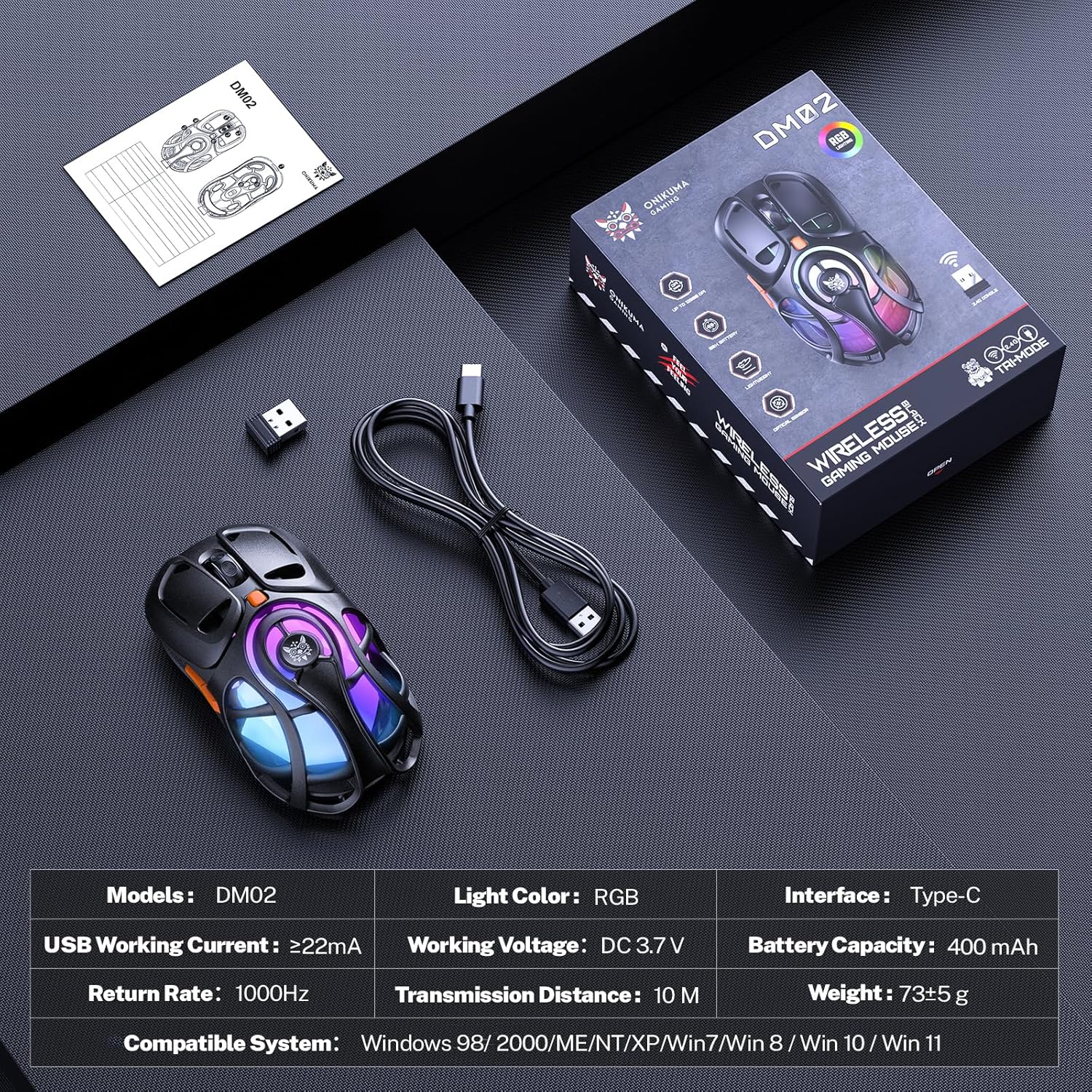 Wireless Gaming Mouse, Tri-Mode 2.4G/Bluetooth/USB-C, 12800 DPI, 6 RGB Backlit, 73g Ultra-Light Computer Mice, 2000Hz Polling Rate, 400mAh Rechargeable for PC/Mac/Laptop (Black)
