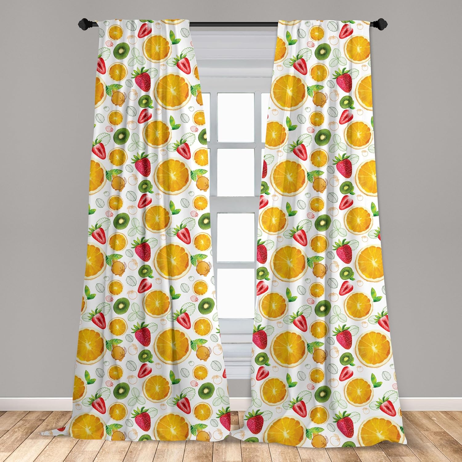Ambesonne Fruits Curtains, Citrus Kiwi Lemon Leaves Apricot Watermelon Fresh Exotic Kitchen, Window Treatments 2 Panel Set for Living Room Bedroom, Pair of - 28" x 95", Yellow Lime