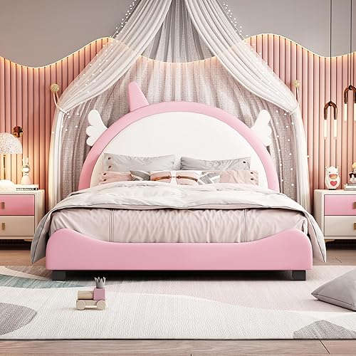 Miniatura 1 de Bonita cama tapizada de tamaño individual con cabecera en forma de unicornio, listones de madera, cama de plataforma de piel sintética rosa para