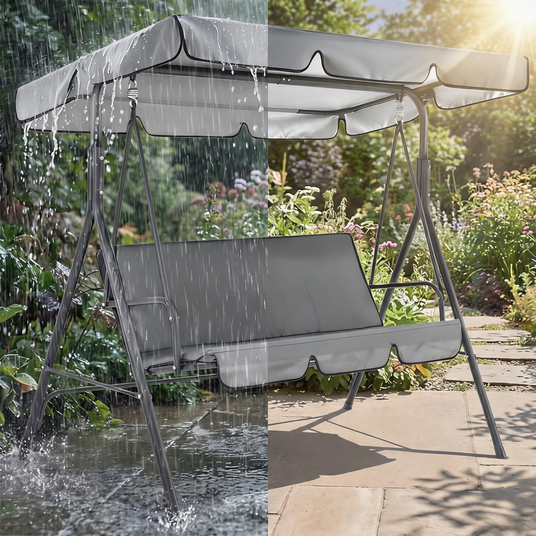 Set di ricambio per dondolo da giardino a tre piedistalli con copertura superiore e coprisedile in tessuto Oxford 210D resistente alle intemperie (grigio, 164 x 114 x 15 cm)