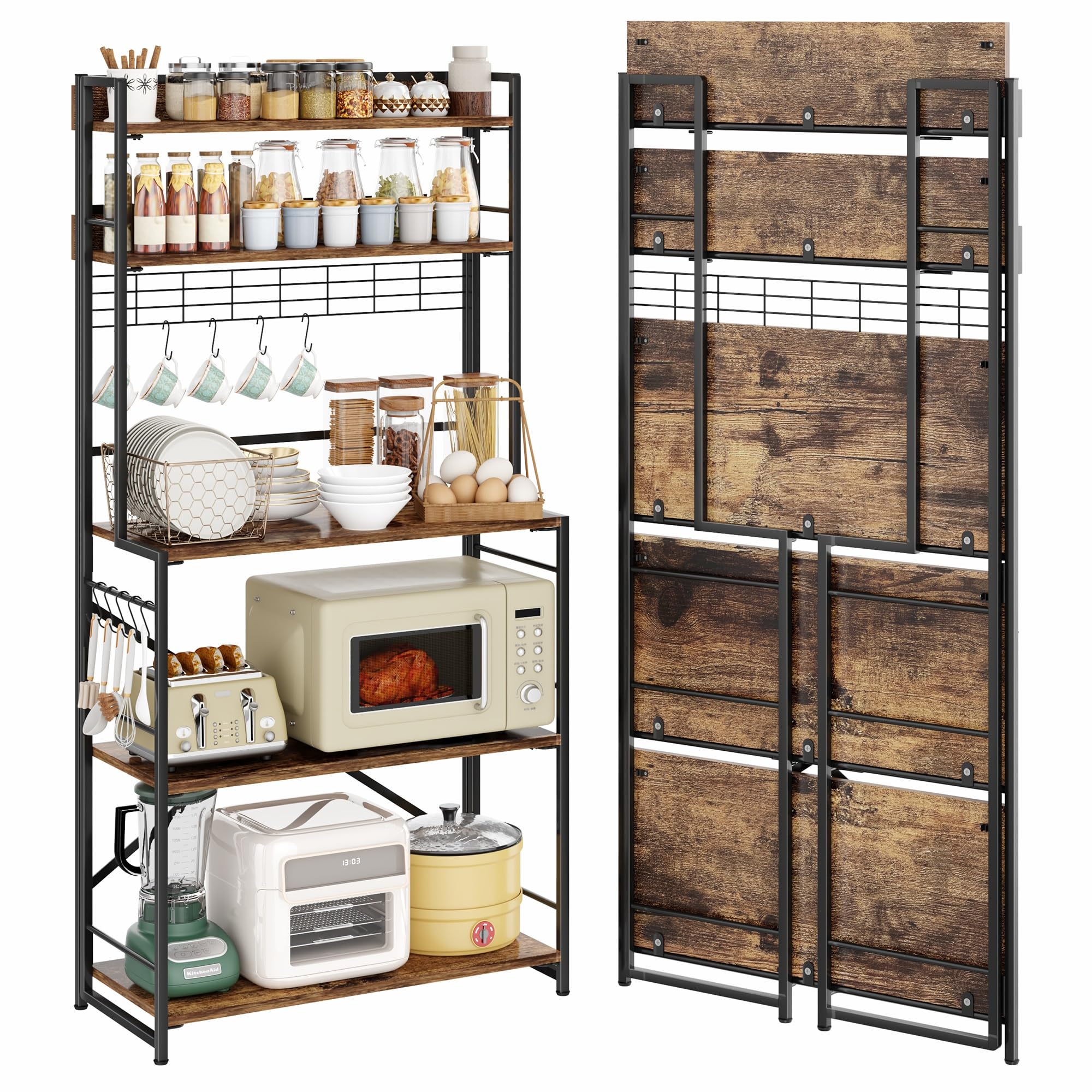 JSB 5 Tier Bakers Rack Coffee Bar Microwave Stand Folding Rack Rustic Brown