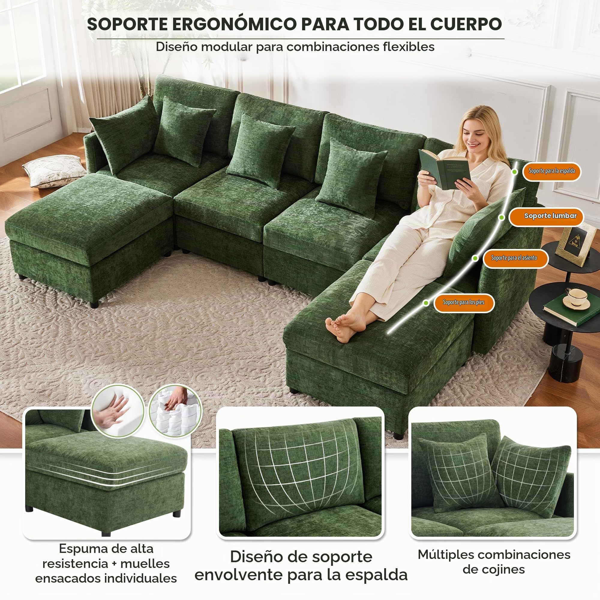 Sofá esquinero Convertible 278cm Sofá Modular 4 Plazas con Puf y Cojines Desmontables Gran Sofá en Forma de U, Revestimiento de Tela Chenille, Ideal para Salón y Apartamento, Verde