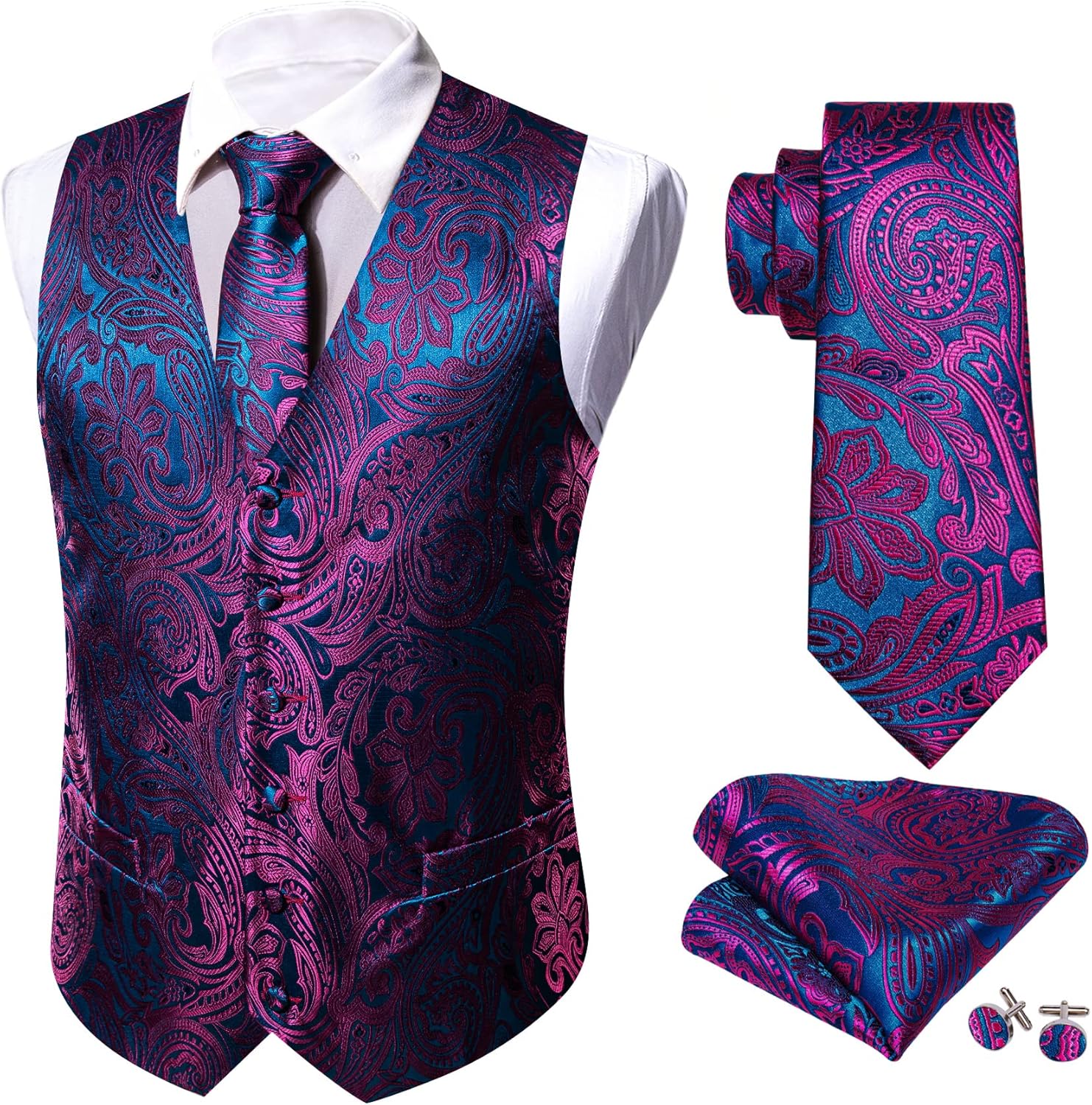 Barry.Wang Mens Suit Vest Paisley/Flower Silk Jacquard Waistcoat Ties Set Formal/Leisure 5PCS - Image 5
