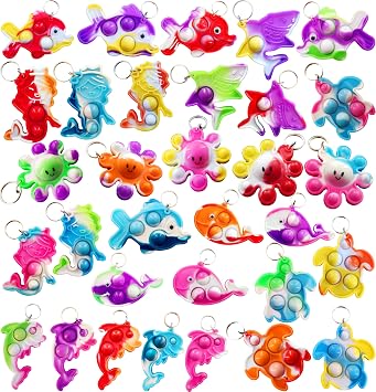 30 Packs Bulk Fidget Bubble Mini Pop Fishs Octopus, whales, dolphins, turtles, sharks Ocean Aniamls shape Keychain,for kids toys Sea Party Favors Supplies Classroom summer Student gifts