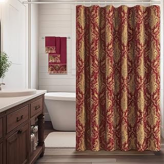 Loom and Mill Textured Fabric Shower Curtain Set with 12 Metal Hooks, Red Damask Bathroom Shower Curtain Sets Classic Medallion Design, Waterproof Heavyweight Shower Curtain for Home Bathroom(72x72)