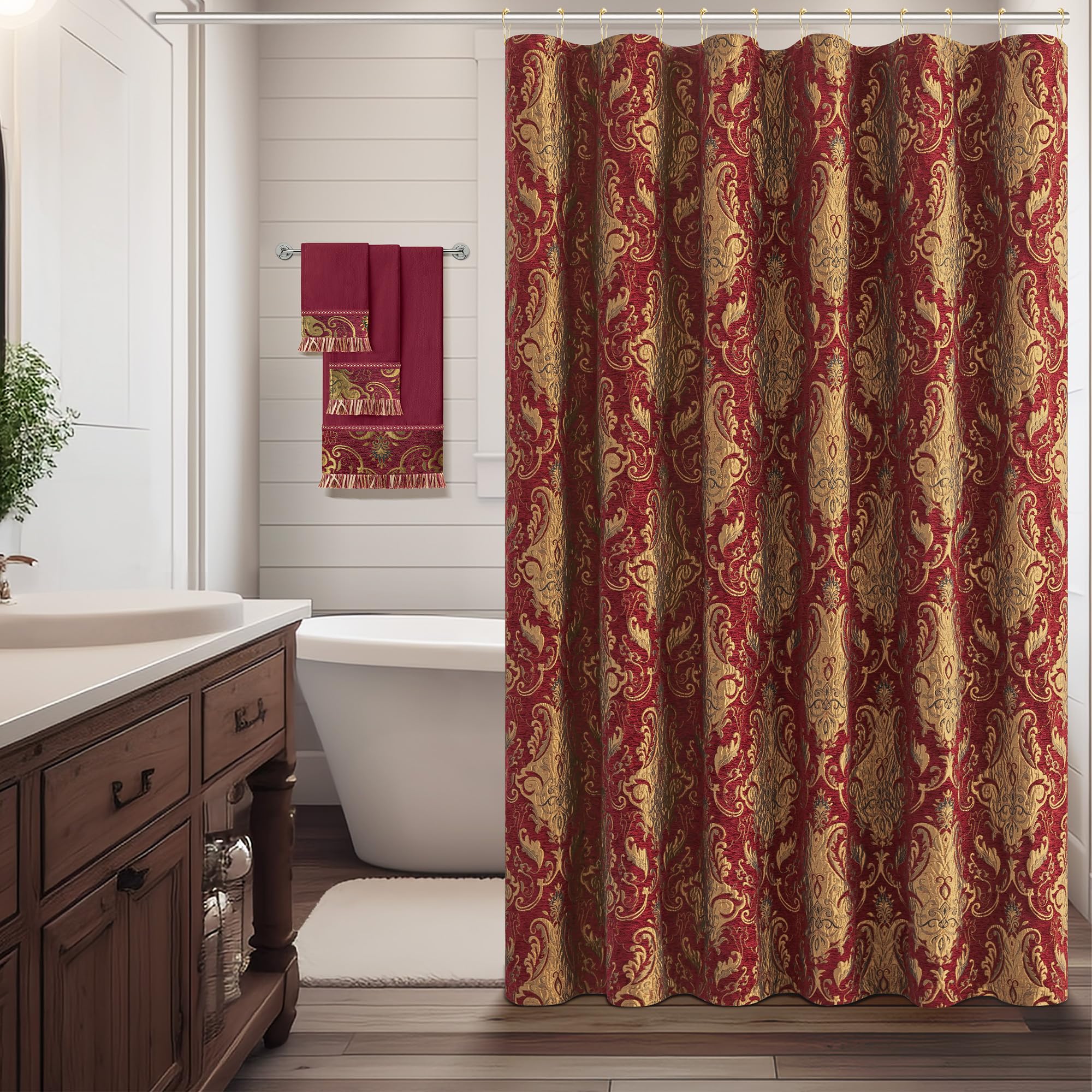 Amazon.com: Loom and Mill Textured Fabric Shower Curtain Set with 12 Metal Hooks, Red Damask ...