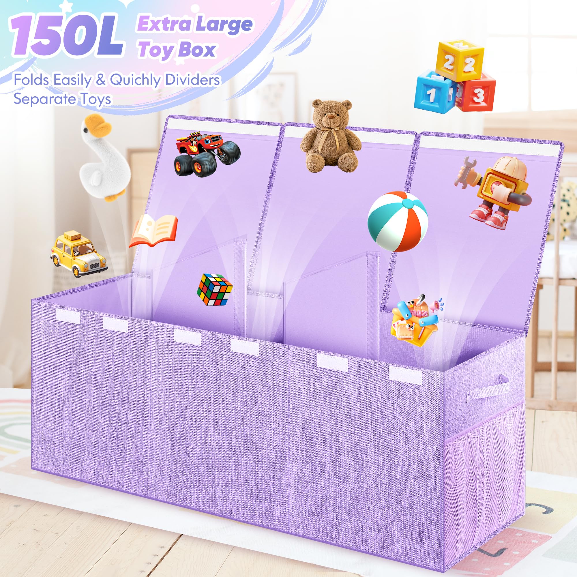 Mabahoo Caja de juguetes extra grande, caja de juguetes para niños y niñas, organizador de almacenamiento de juguetes resistente plegable con bolsillos de malla, 41 x 14 x 16 pulgadas, cajas de