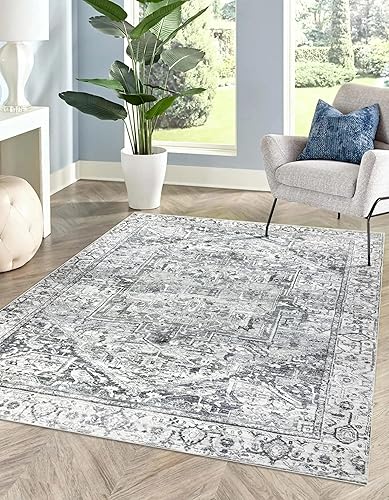 Alfombra bohemia lavable de 4 x 6 pies, alfombra oriental moderna antideslizante para dormitorio y cocina (gris)