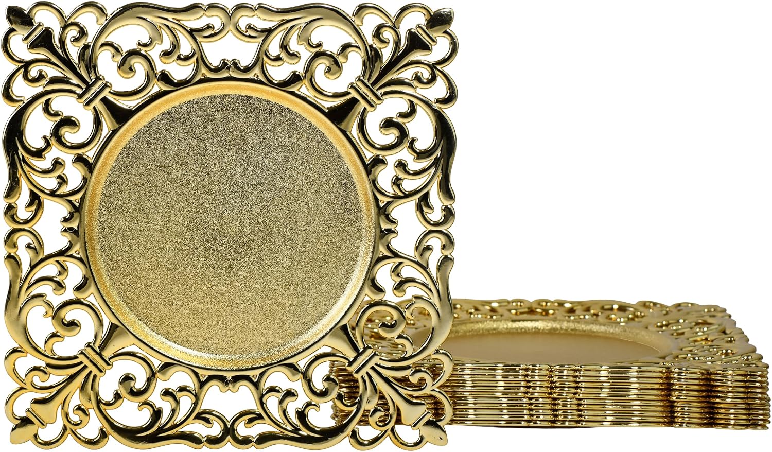 ZENVIX Gold Square Charger Plates, 12 Inch Decorative Plates with Embossed Rims, 12 Pack for Wedding and Party Events
