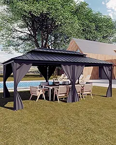 Hardtop Gazebo 12'x20' for All Weather, with Double Metal Roof, Aluminum Alloy Frame, Net, and Curtain, Permanent Building for Patio, Deck, Backyard, Lawn, and Garden, Gray