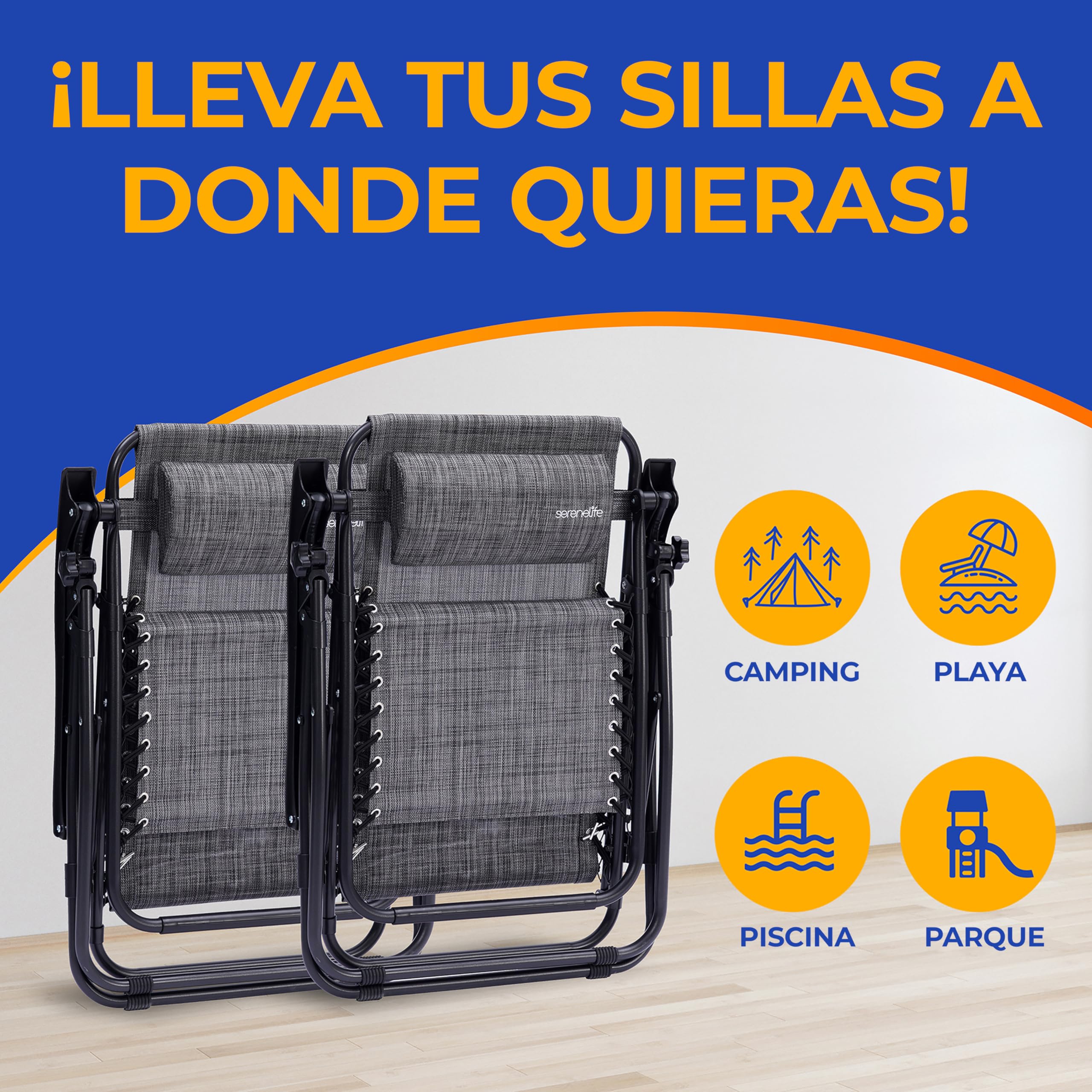 SereneLife Silla reclinable de Jardin, Set de 2, Tumbona, Almohada Desmontable, Bandeja Desmontable para portavasos, Exterior, Patio, Jardin