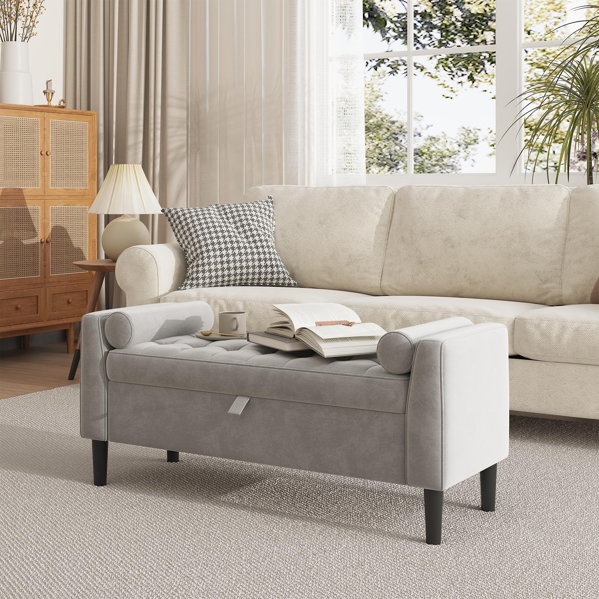 Garvee Banco Zapatero con Almacenamiento Tapizado, Brazos Enrollados, Patas De Madera Maciza, Multifuncional para Entrada, Dormitorio, Vestidor o Pie De Cama