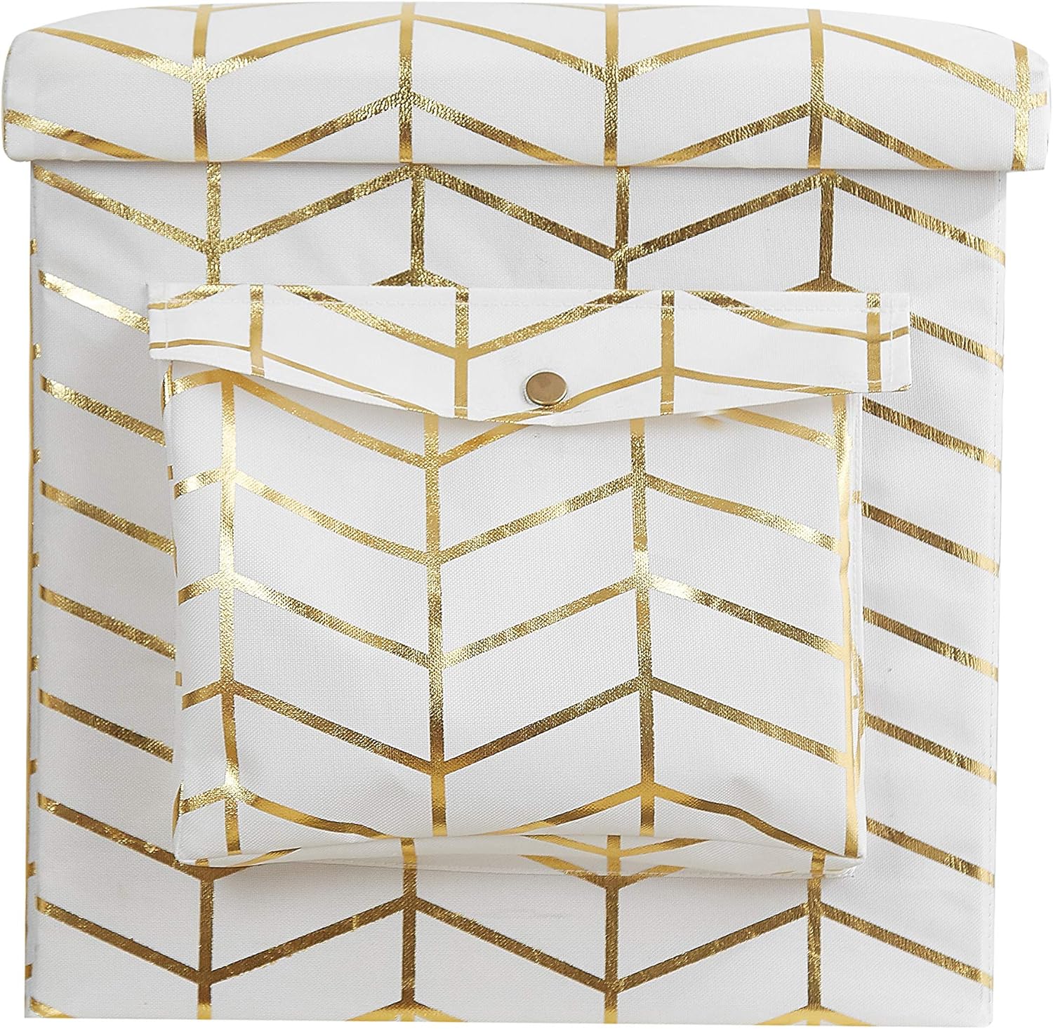 Urban Lifestyle Collapsible Storage Ottoman with Laptop Stand Tray Lid and Storage Pocket, Gold Geo, 15"x15"x15"