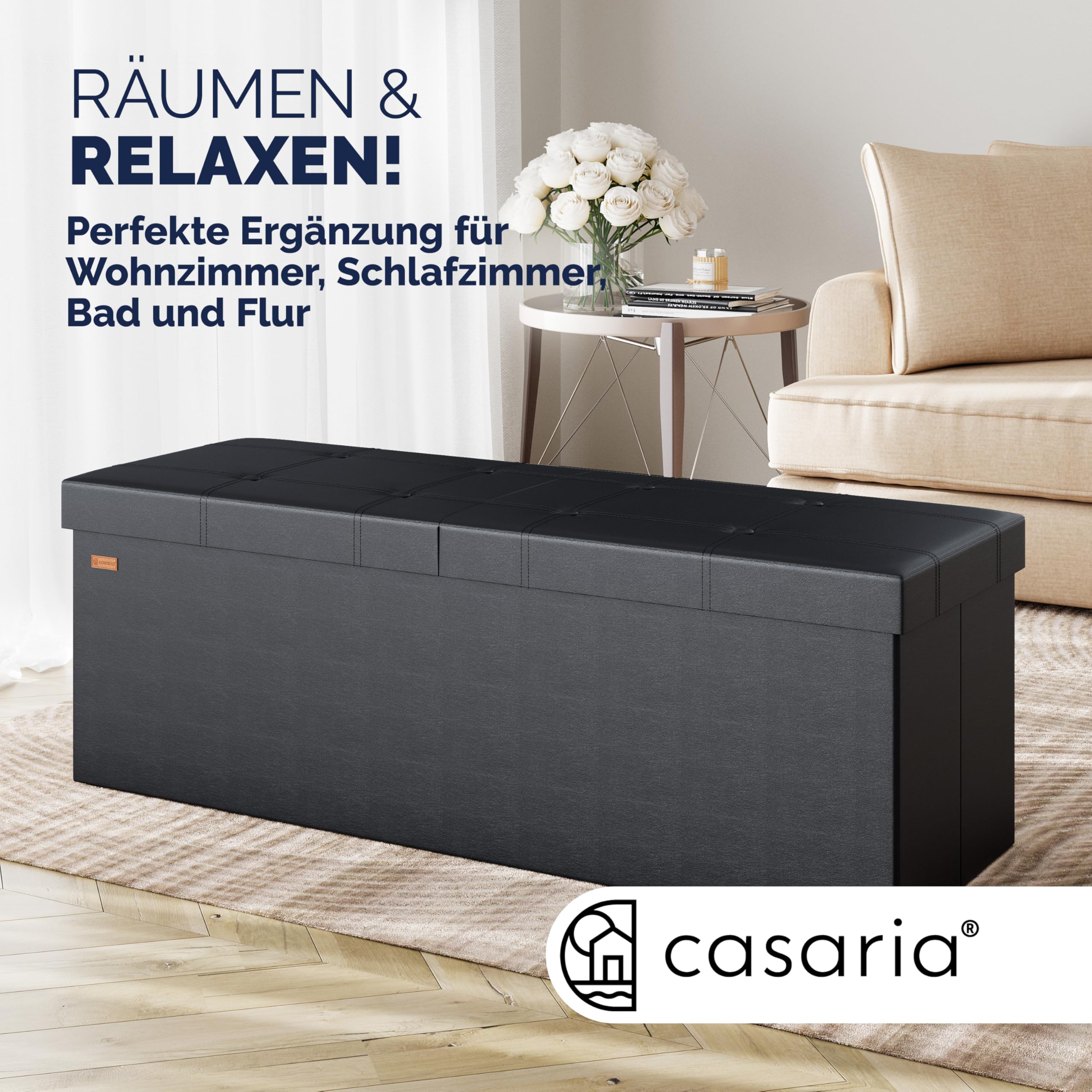 Casaria® Sitzbank mit Stauraum, Schwarz - Faltbar, 115 x 40 x 40 cm, 130L Volumen, bis 300 kg belastbar, gepolstert, Leinen-Optik - Aufbewahrungsbox mit Deckel, Sitztruhe mit Stauraum, Polsterbank