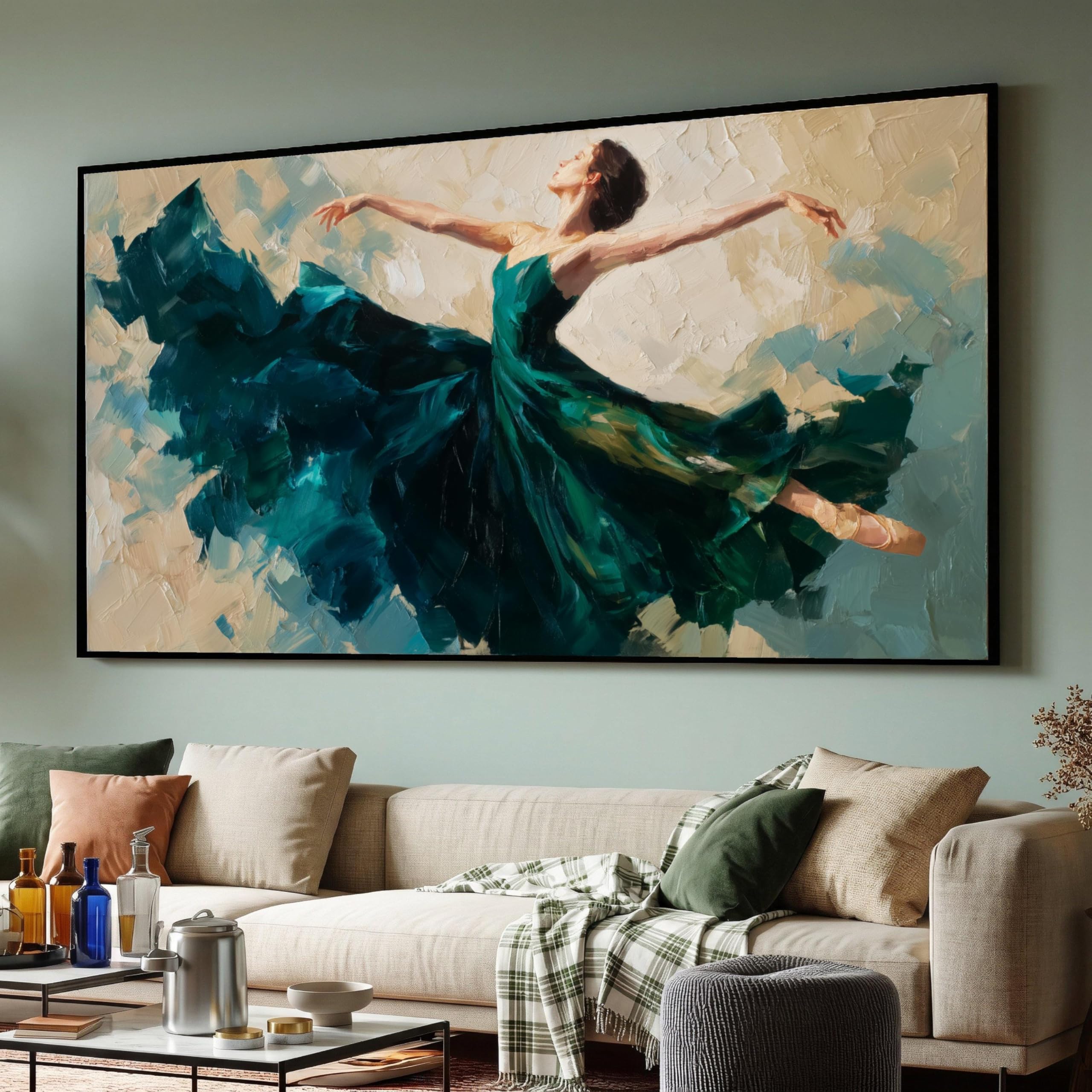 LMYCHENG Elegant Ballerina Dance Canvas Prints, Abstract Ballet Canvas Art, Woman in Flowing Green Dress Oil Painting(65x120cm/Frameless)