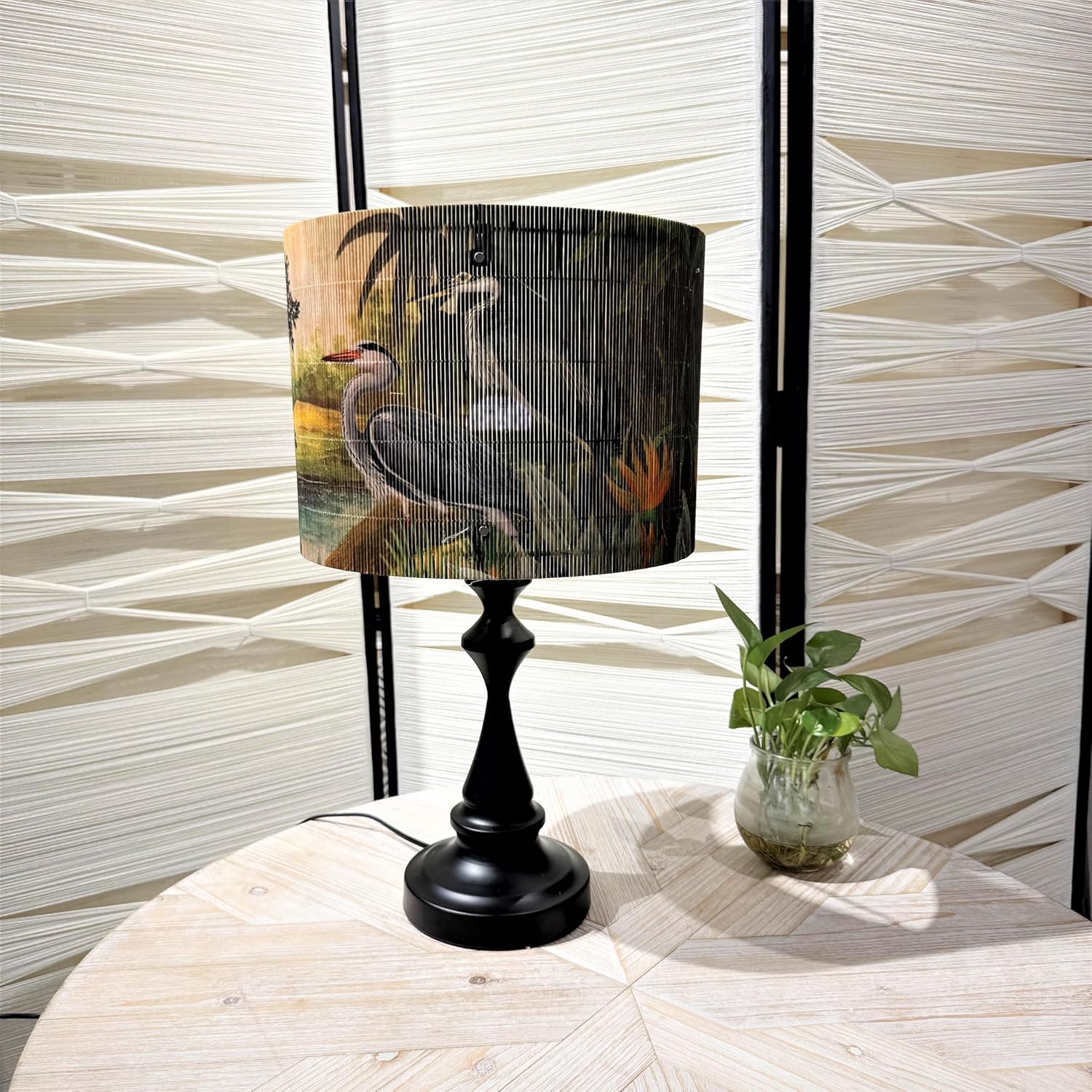 Bamboo Drum Lamp shade for table lamps and floor lamps With Tropical Colorful Animals Design, Art Deco, Rustic And Retro, Groovy Unique(size 11.8 Inch) (herons)