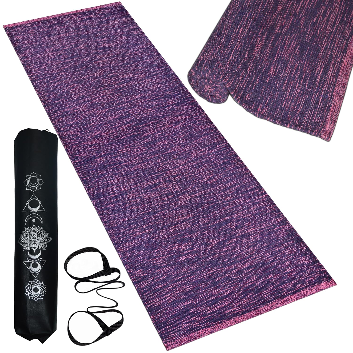 Luxe Looms - Pure Cotton Yoga Mat for Women and Men, Size- 60x180 cm (2x6 feet), Handloom Woven with 6 mm Thick, Strong An...