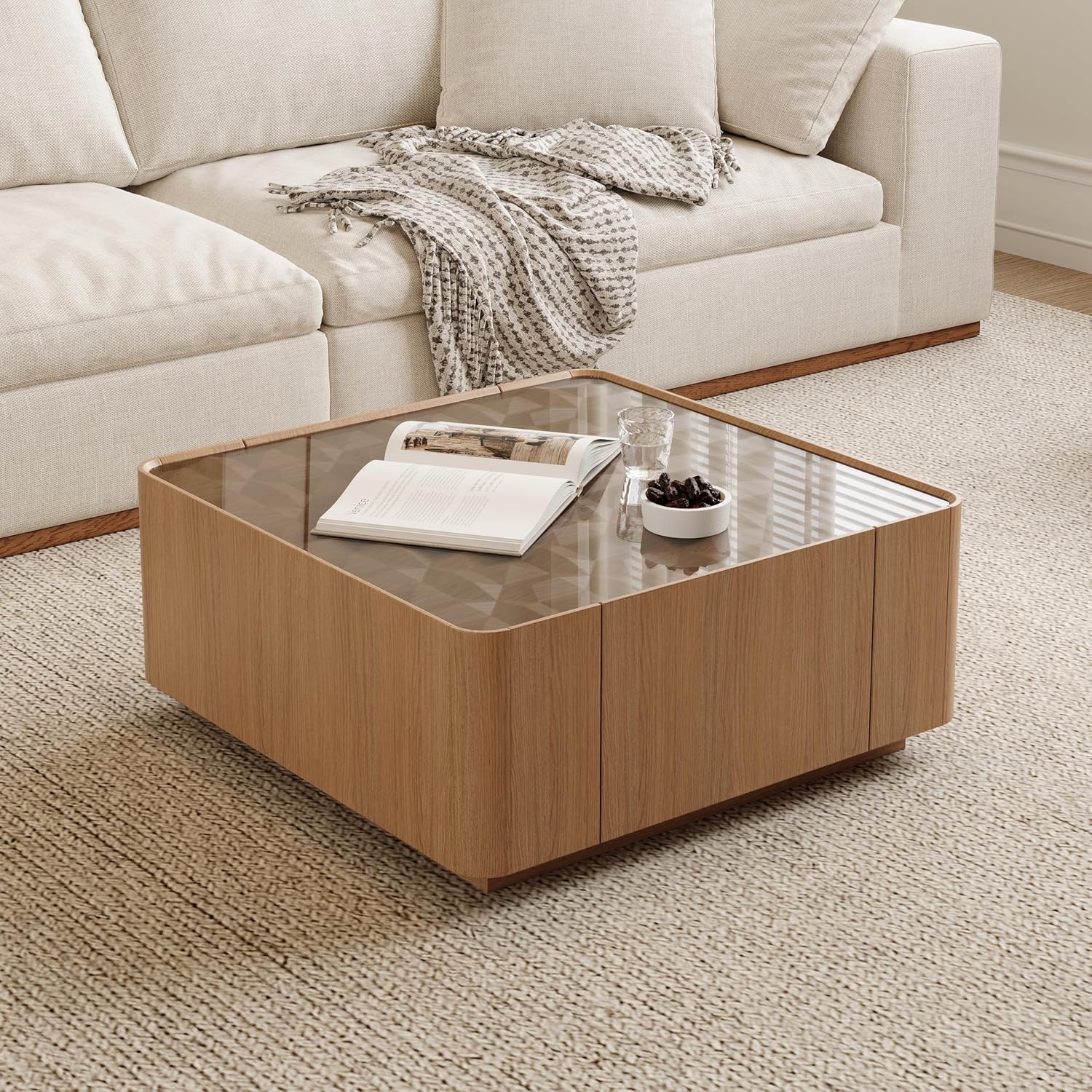 Wooden Coffee Table with Glass Tabletop, 31.5" Square Mid Century Modern Wood Center Table with 2 Drawers, Cocktail Tea Table with Safe Curved Corners for Living Room Home Office, Walnut