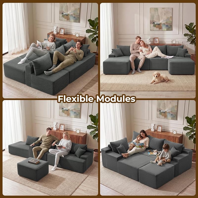 Mangodan 118'' Boneless Couch, U Shaped Couches for Living Room, Gray image 4