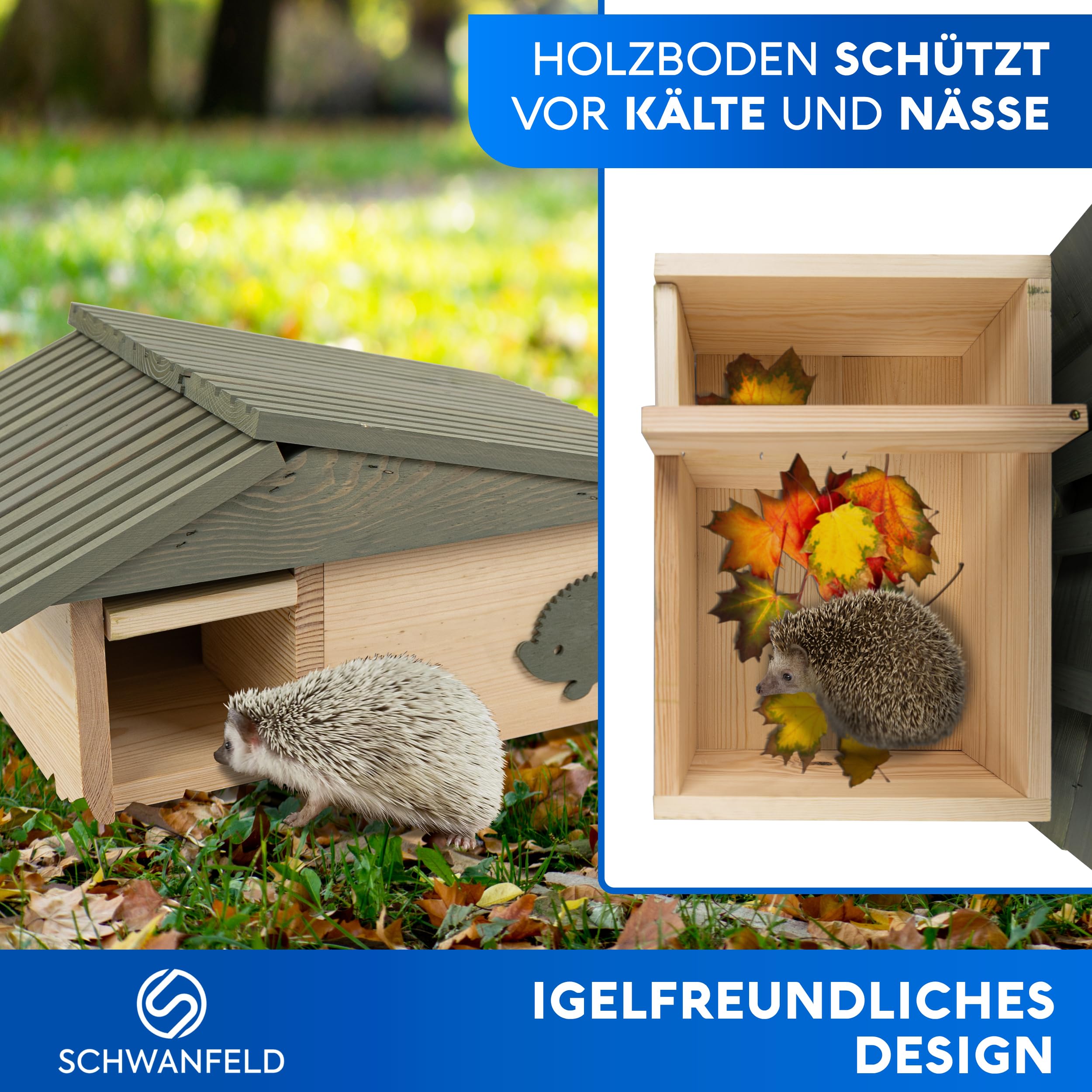 SCHWANFELD® XXL Igelhaus Winterfest mit Boden [SCHÜTZT VOR FRESSFEINDEN] - Igelhaus mit Rattenklappe - Premium Igelfutterhaus mit Labyrinth Eingang - Hochwertige Igelhäuser Igel Haus - Igel Schlafhaus