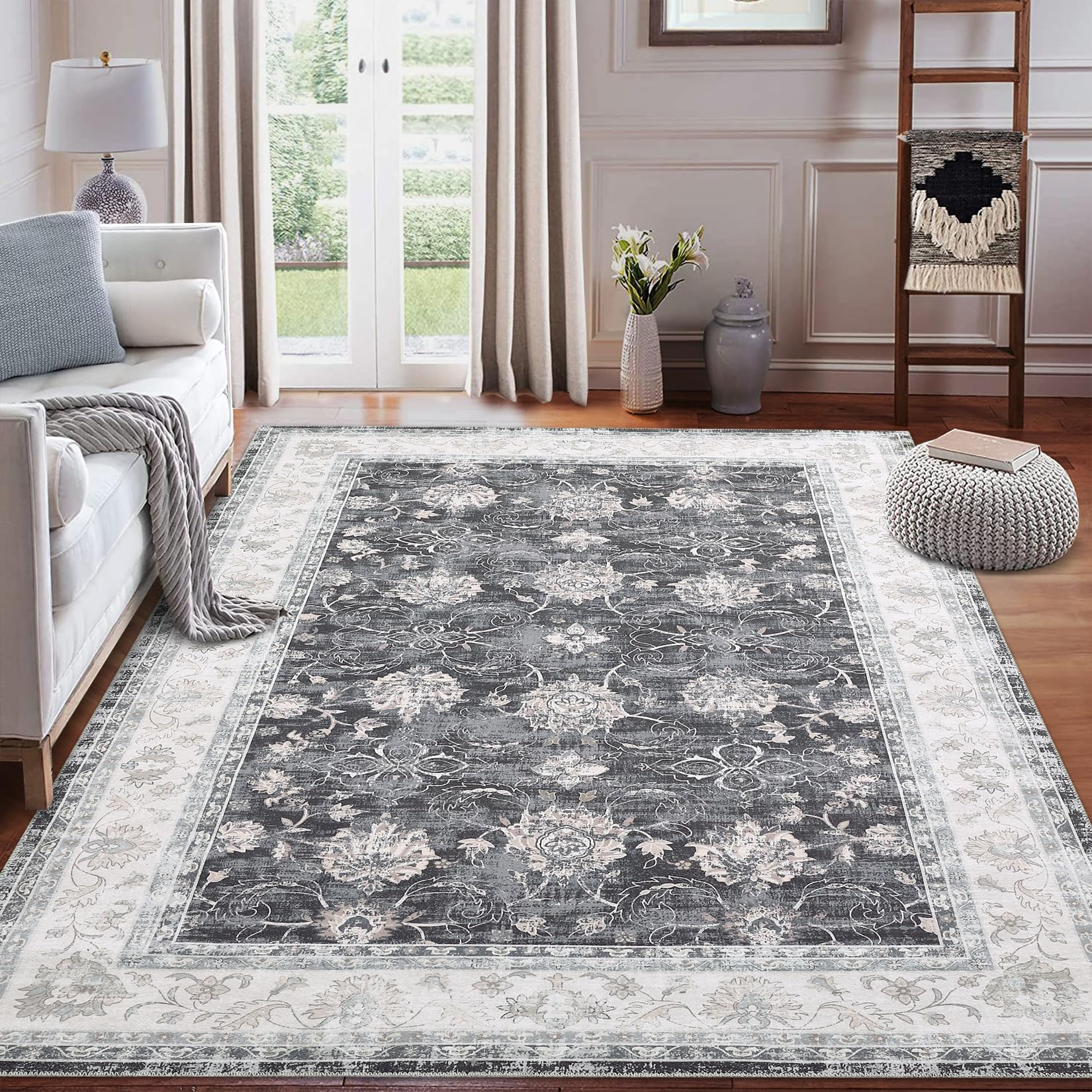 Area Rug 8x10 Machine Washable Boho Area Rug Vintage Distressed Accent Rug Oriental Floral Medallion Stain Resistant Non-Slip Floor Cover Carpet Rug for Living Room Home Decor, Black/Grey
