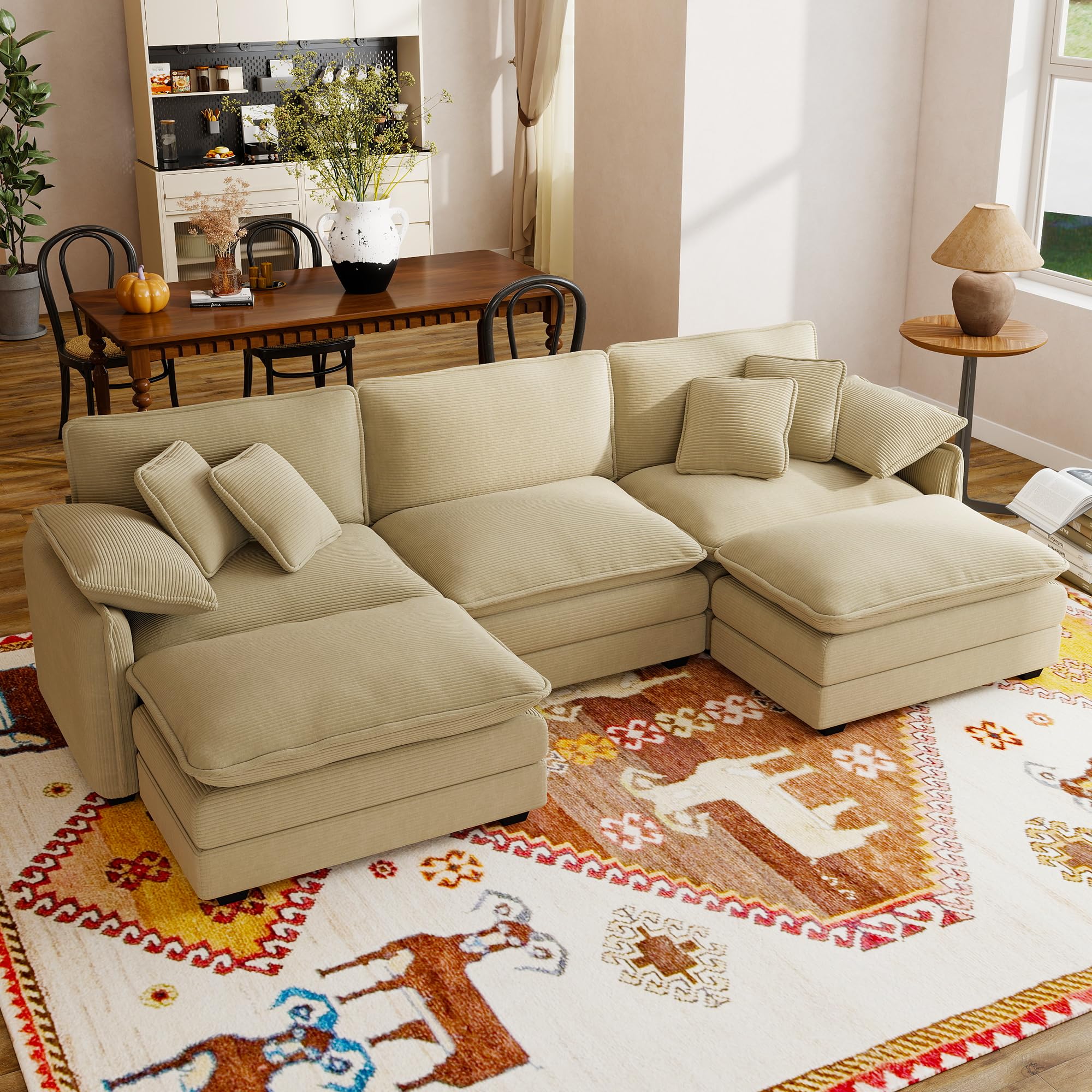 Qupeife 115" Sectional Couch for Living Room,25" Deep Seat U-Shaped Sofa,3 Seats with 2 Ottomans,Pet-Friendly Fabric,Camel Corduroy