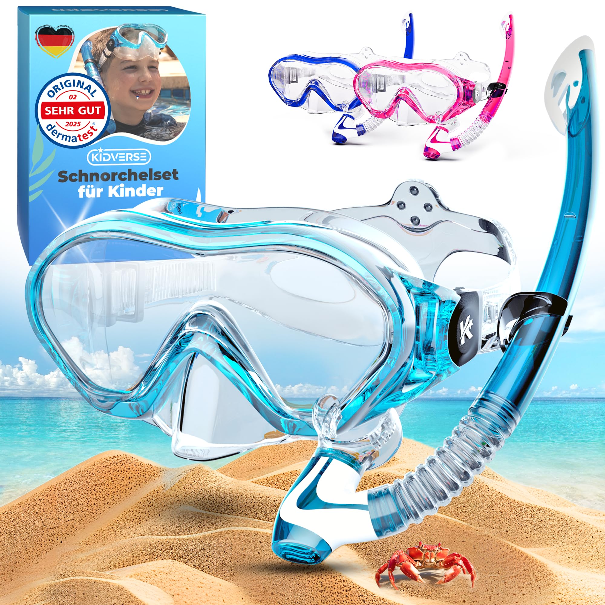 KIDVERSE Taucherbrille Kinder mit Schnorchel ab 5 Jahre - CE & Dermatest geprüfte Taucherbrille mit Schnorchel & Nase - Schnorchelset Kinder Stoffband oder Silikonband - Alternative zu Schnorchelmaske