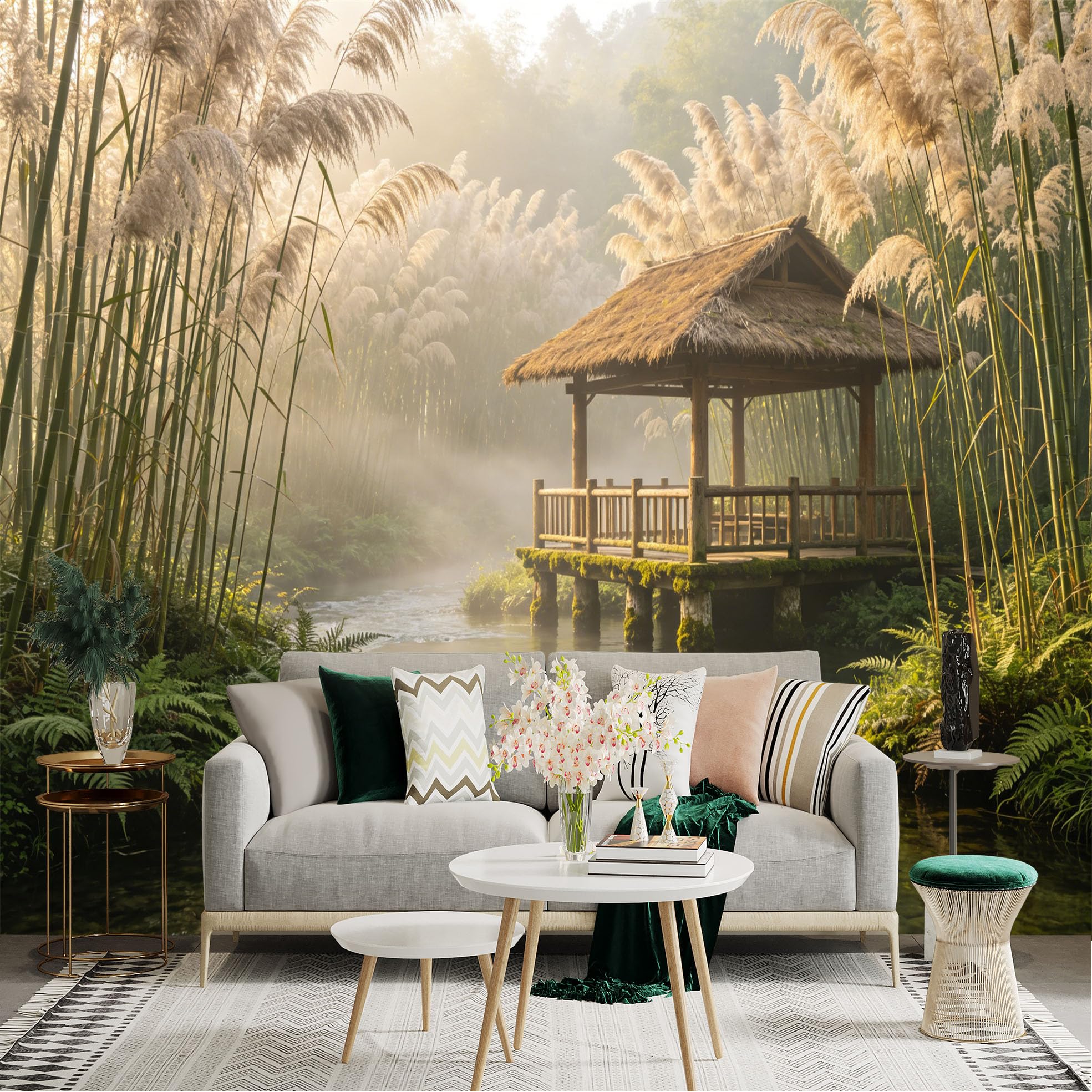 Custom Size Wall Sticker Mural， Bamboo Forest with Wooden Pavilion and Misty River， for wall Decoration， peelandstick wall Decals.